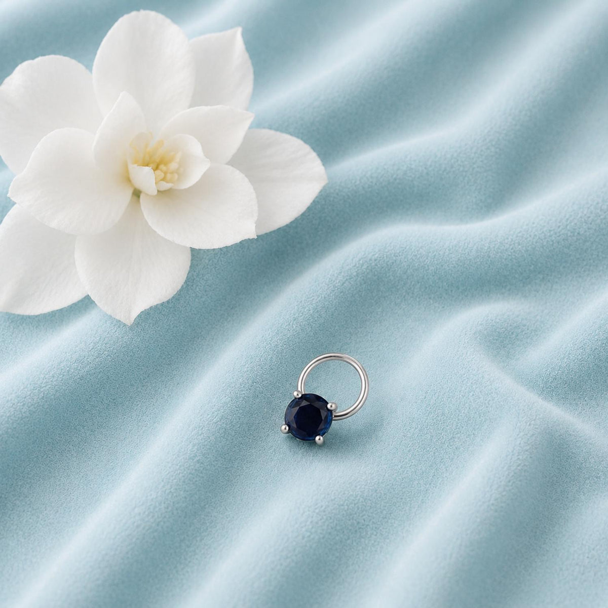 Round Blue Sapphire Solitaire Nose Pin - Sterling Silver