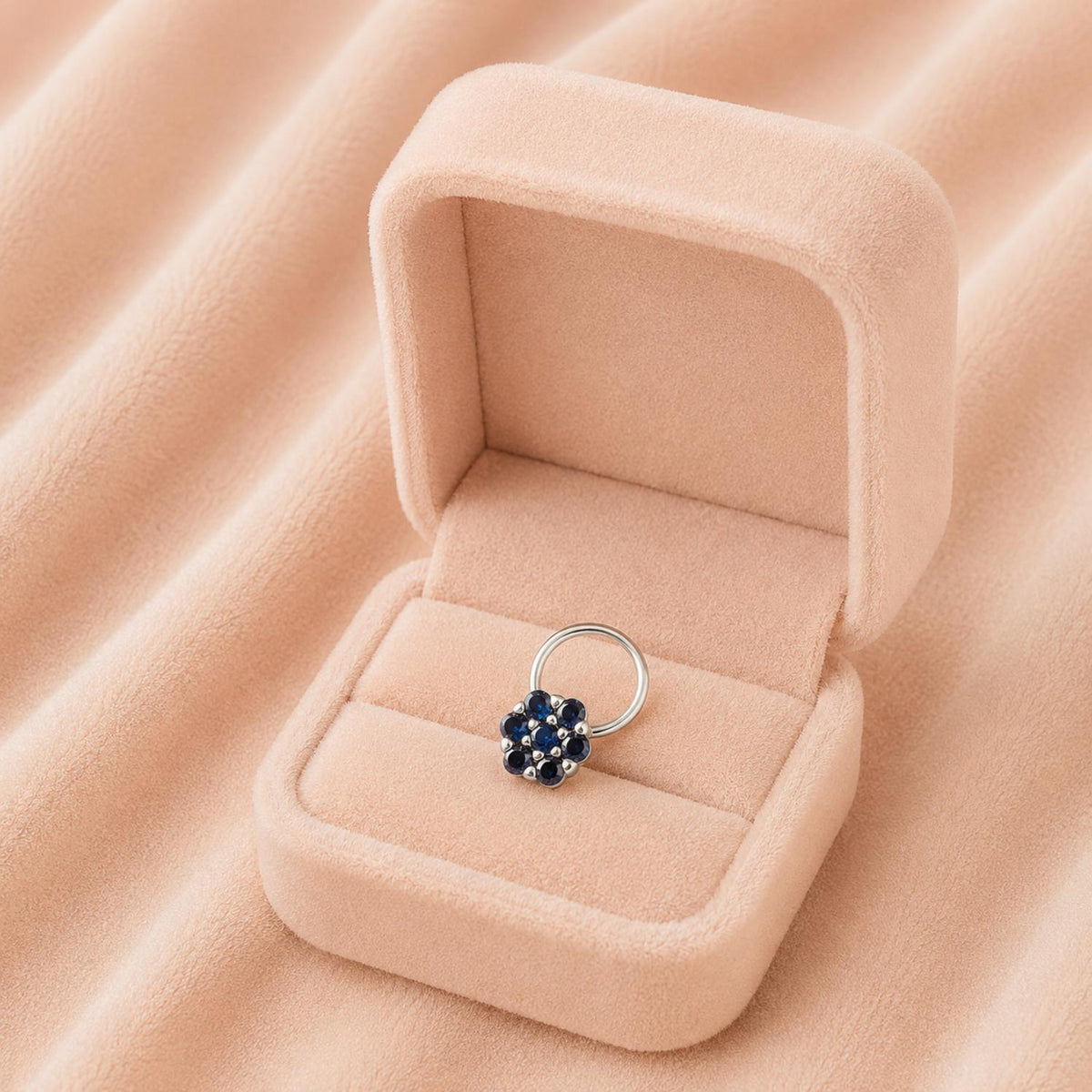 Blue Sapphire Floral Cluster Nose Pin - Sterling Silver
