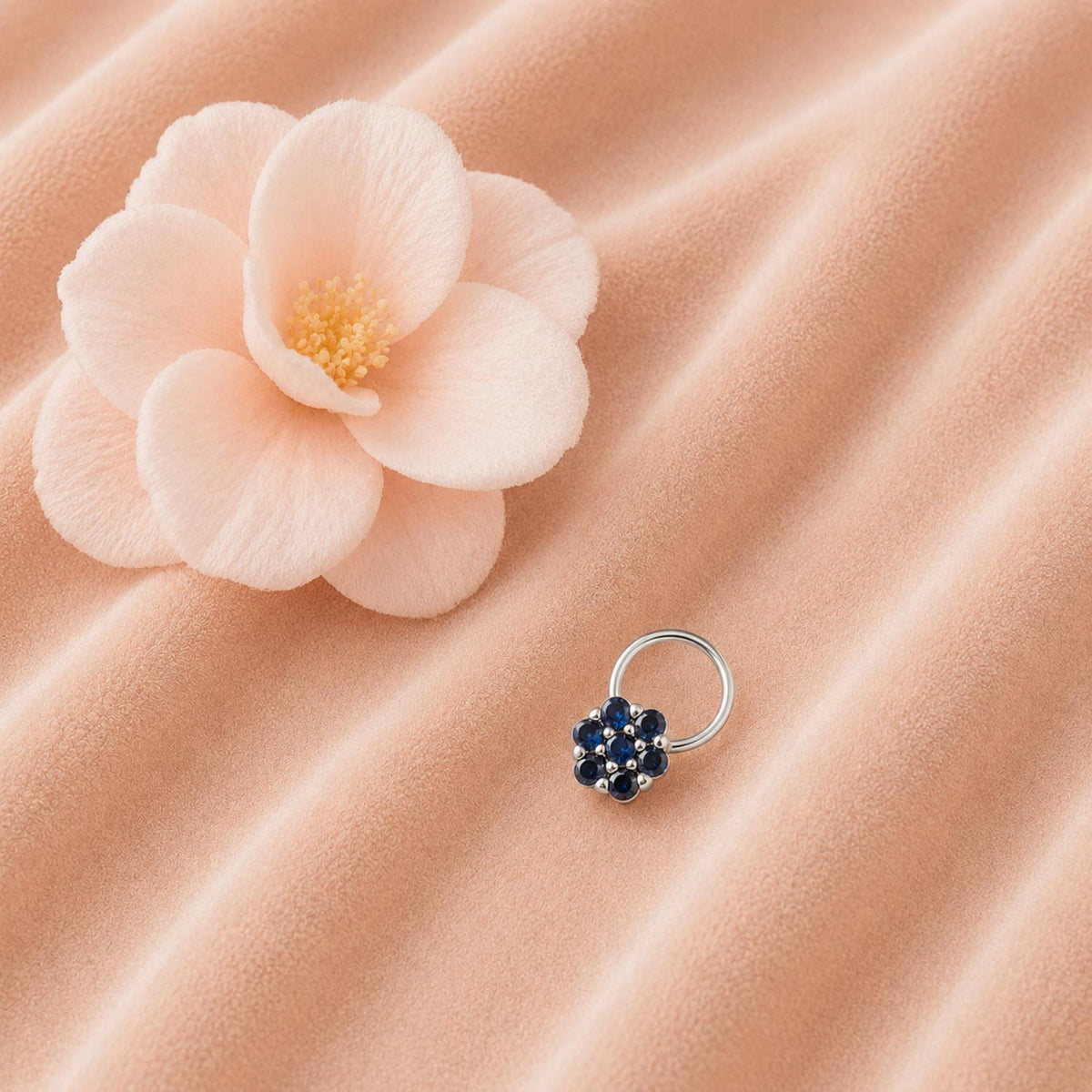 Blue Sapphire Floral Cluster Nose Pin - Sterling Silver