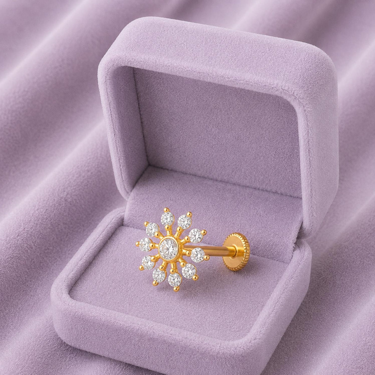 White CZ Cluster Design Sunburst Nose Pin - Gold Plated Sterling Silver