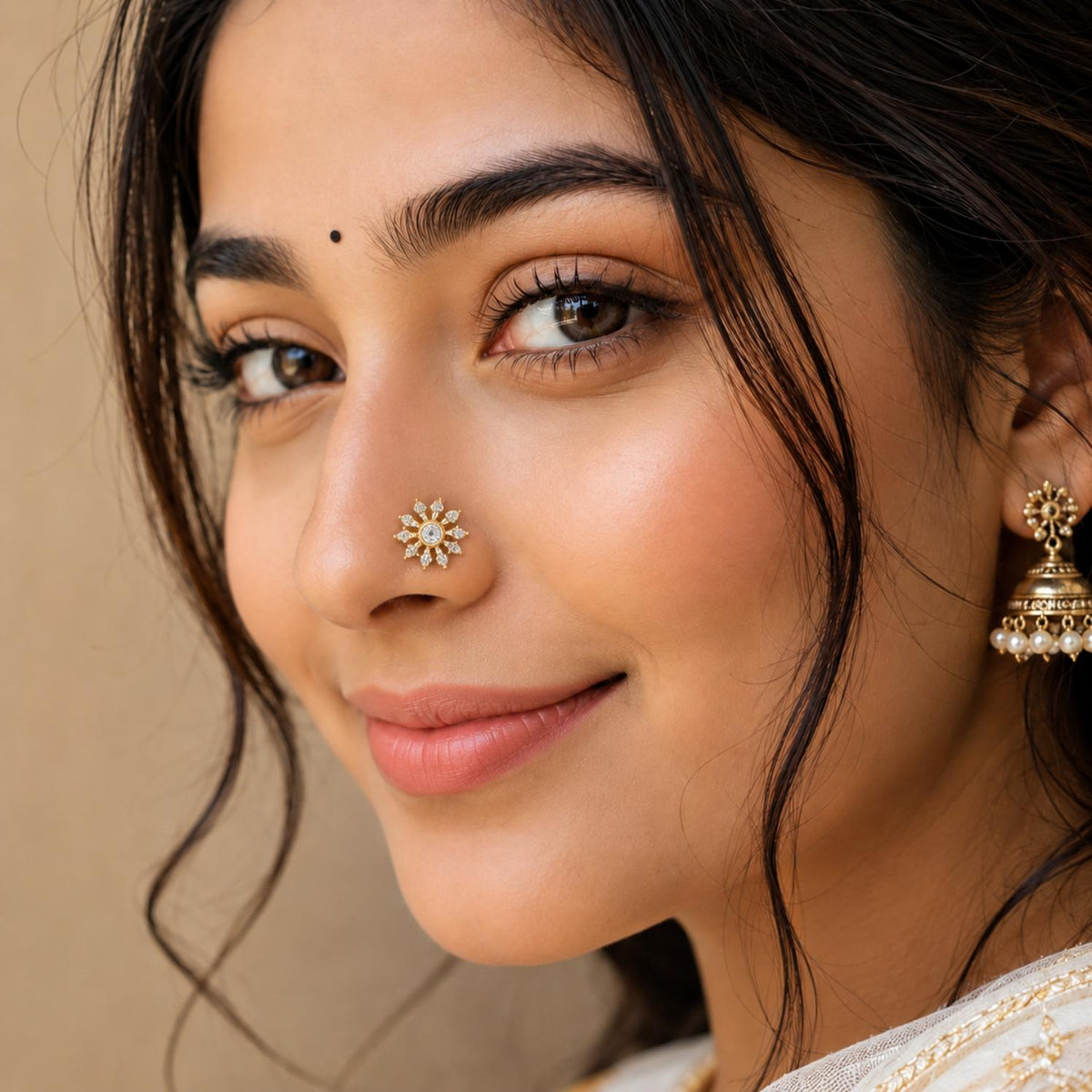White CZ Cluster Design Sunburst Nose Pin - Gold Plated Sterling Silver