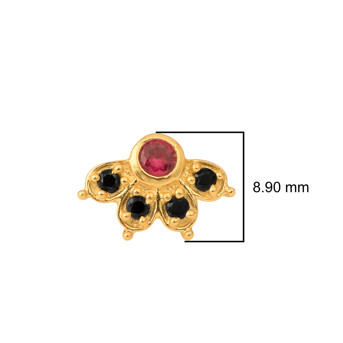 Red & Black CZ Floral Nose Pin - Sterling Silver Gold Plated
