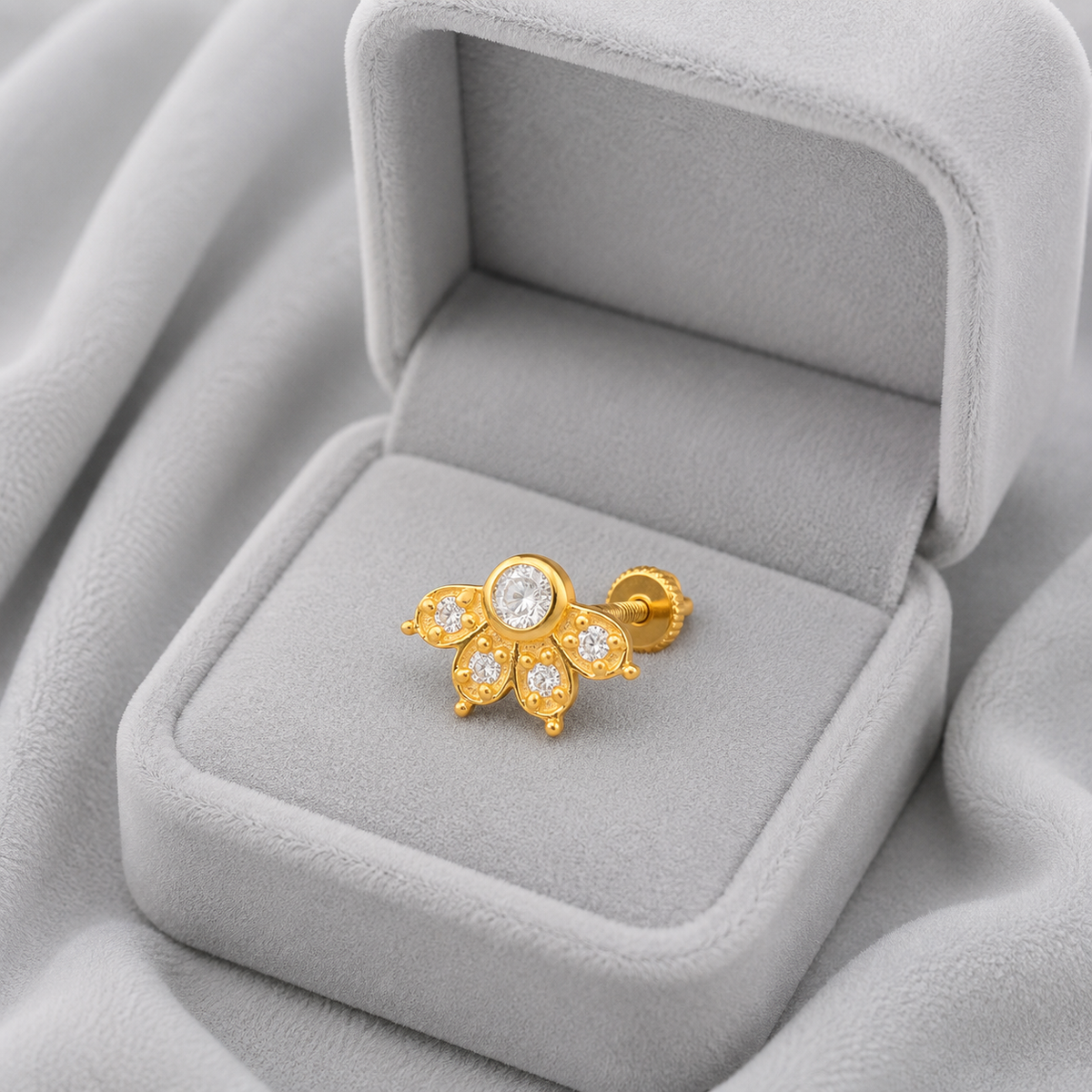 White CZ Floral Nose Pin - Sterling Silver Gold Plated