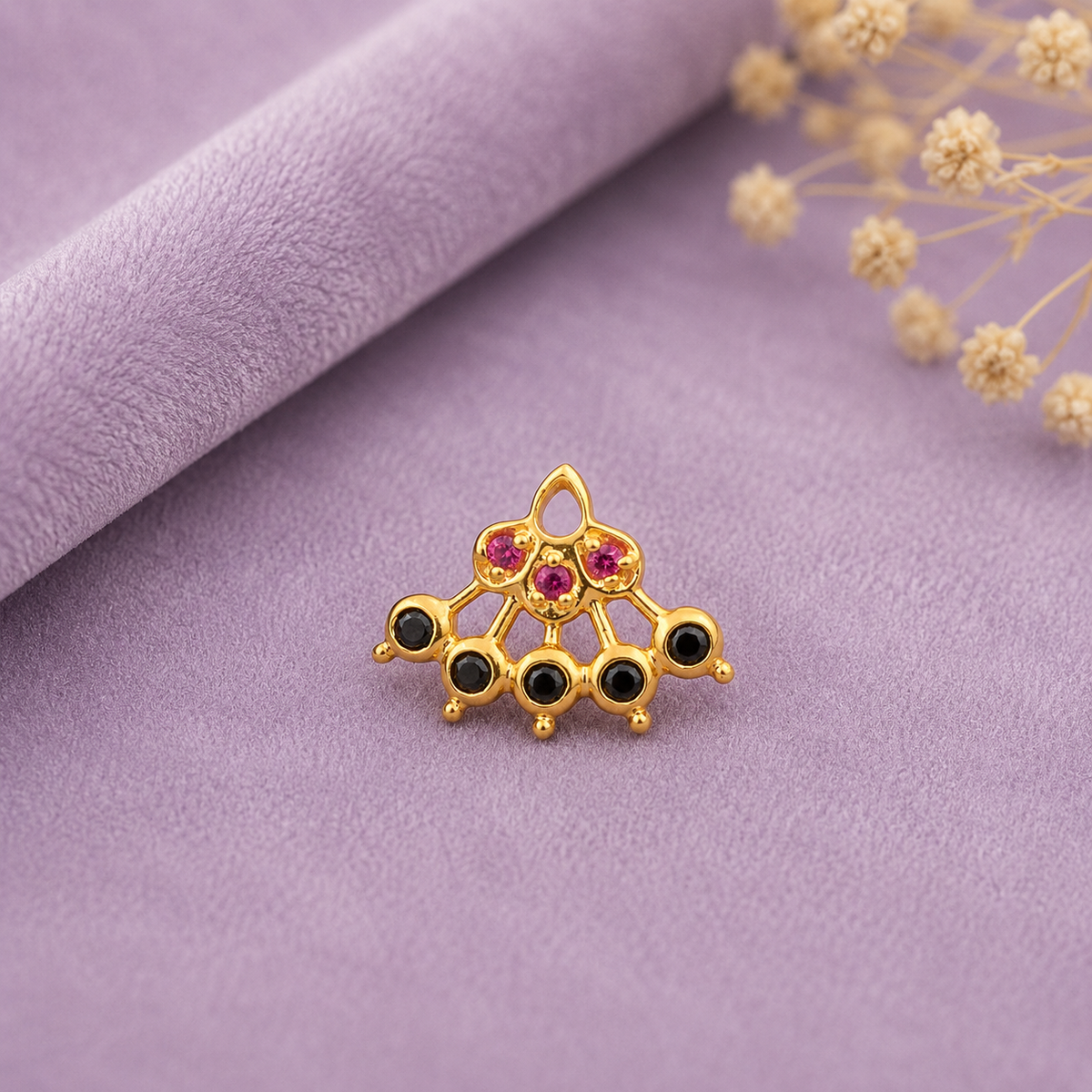 Red & Black CZ Lattice Floral Fan Nose Pin - Sterling Silver Gold Plated