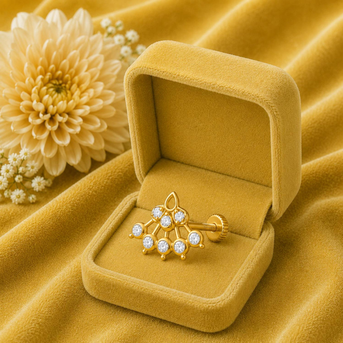 White CZ Lattice Floral Fan Nose Pin - Sterling Silver Gold Plated