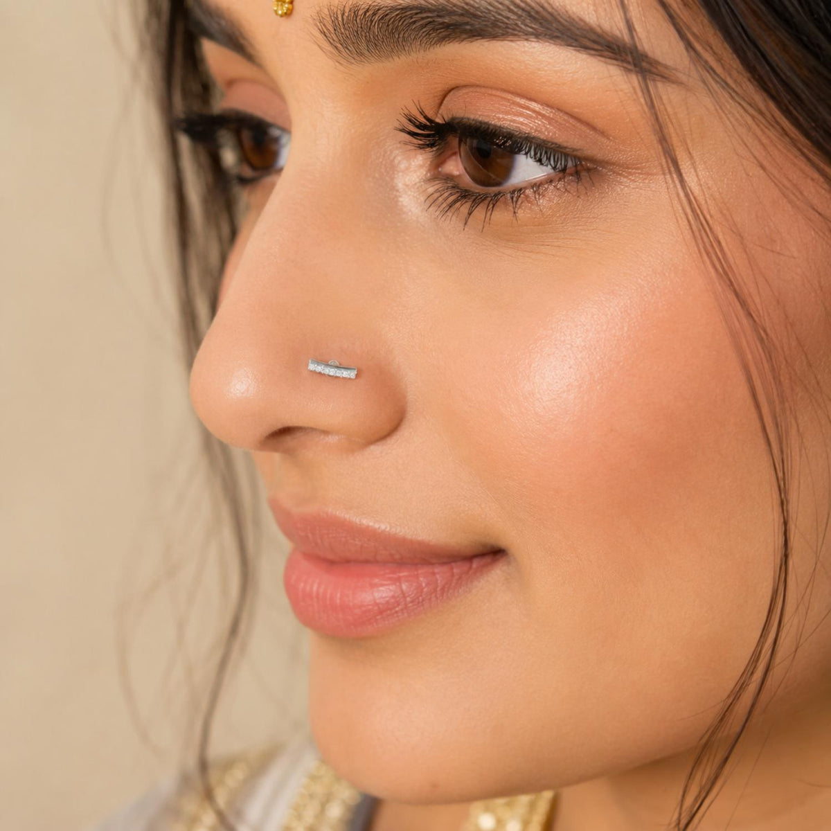 White CZ Curved Bar Nose Pin - Sterling Silver