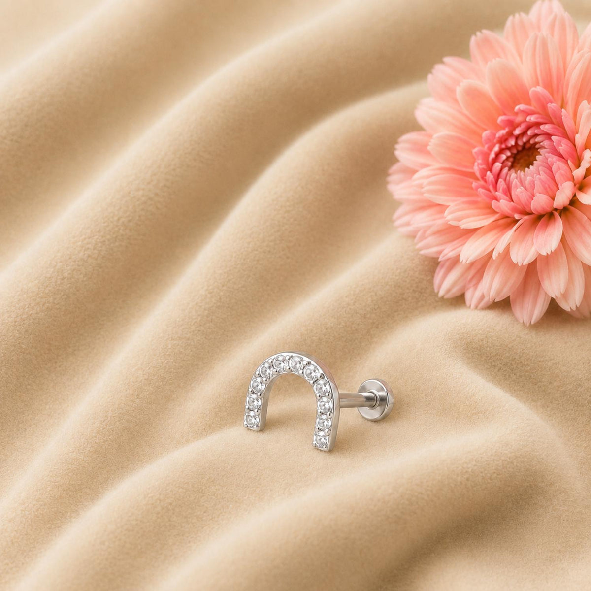 White CZ U-Shape Nose Pin - Sterling Silver