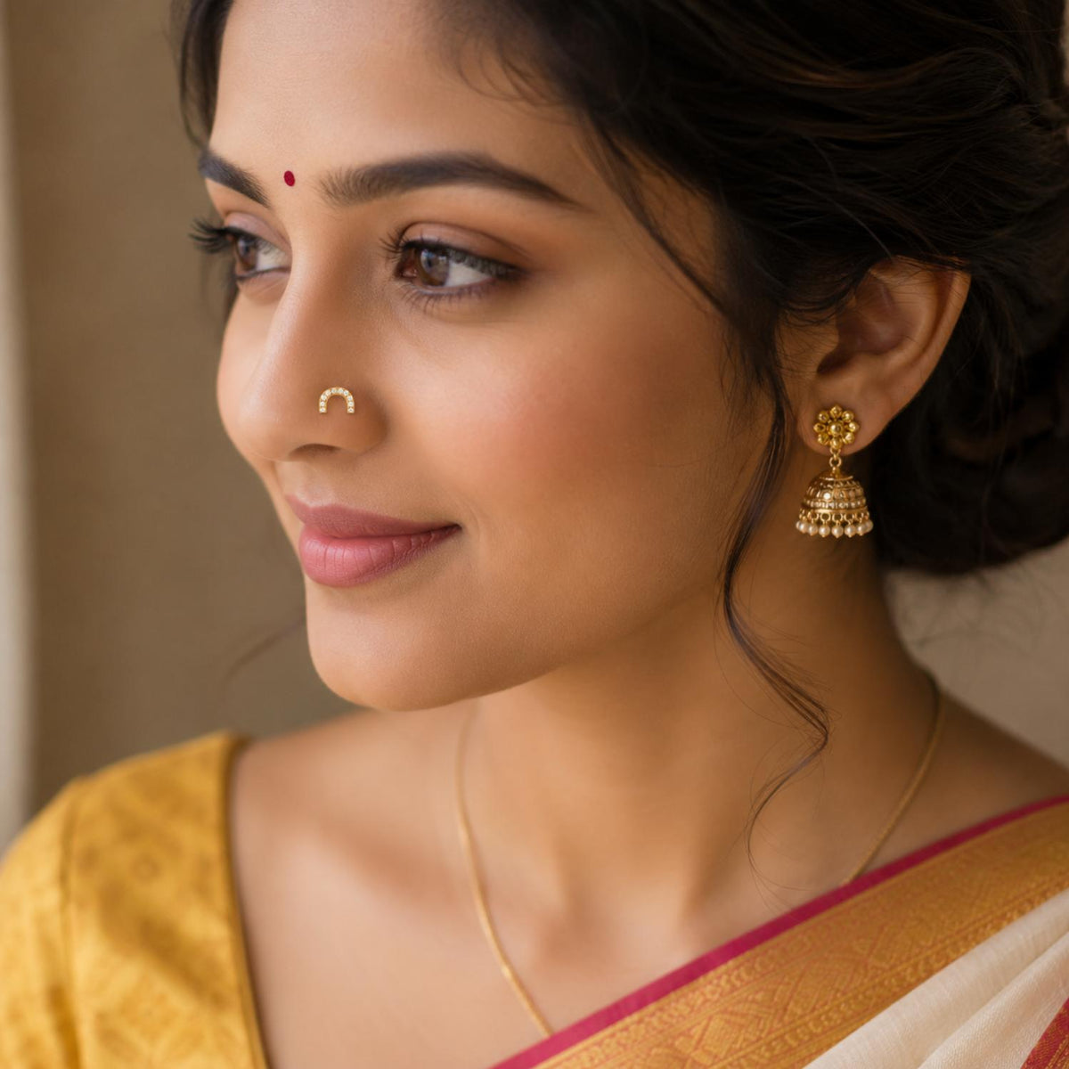 White CZ U-Shape Nose Pin - Sterling Silver Gold Plated