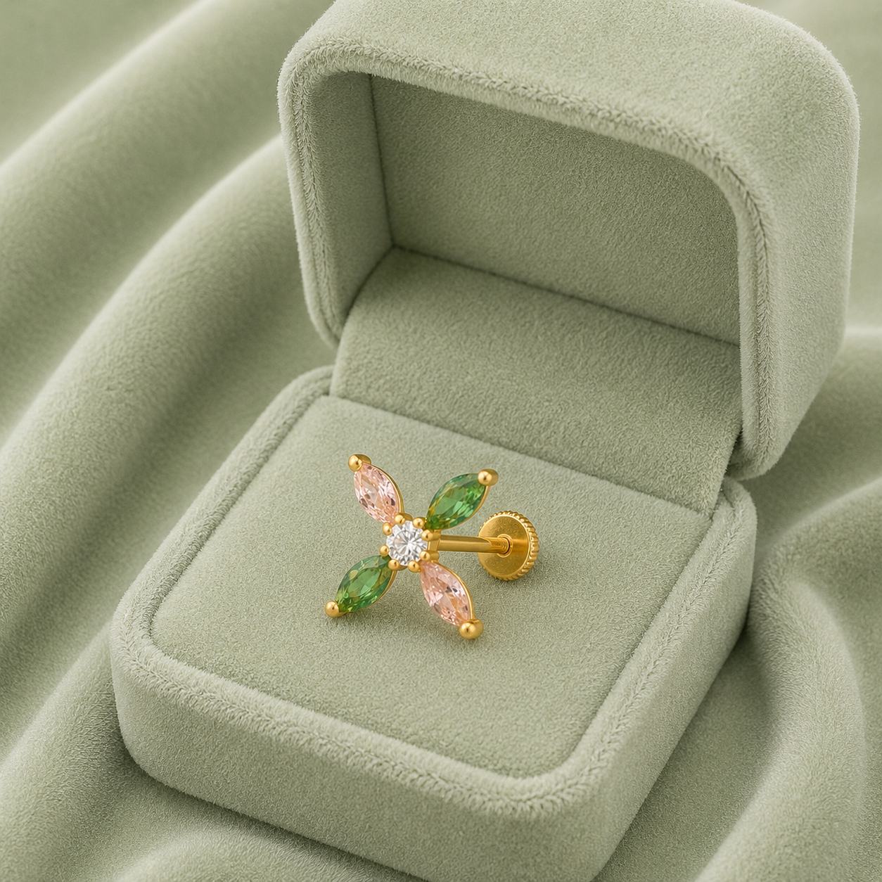 Multicolor CZ Floral Design Nose Pin - Sterling Silver Gold Plated