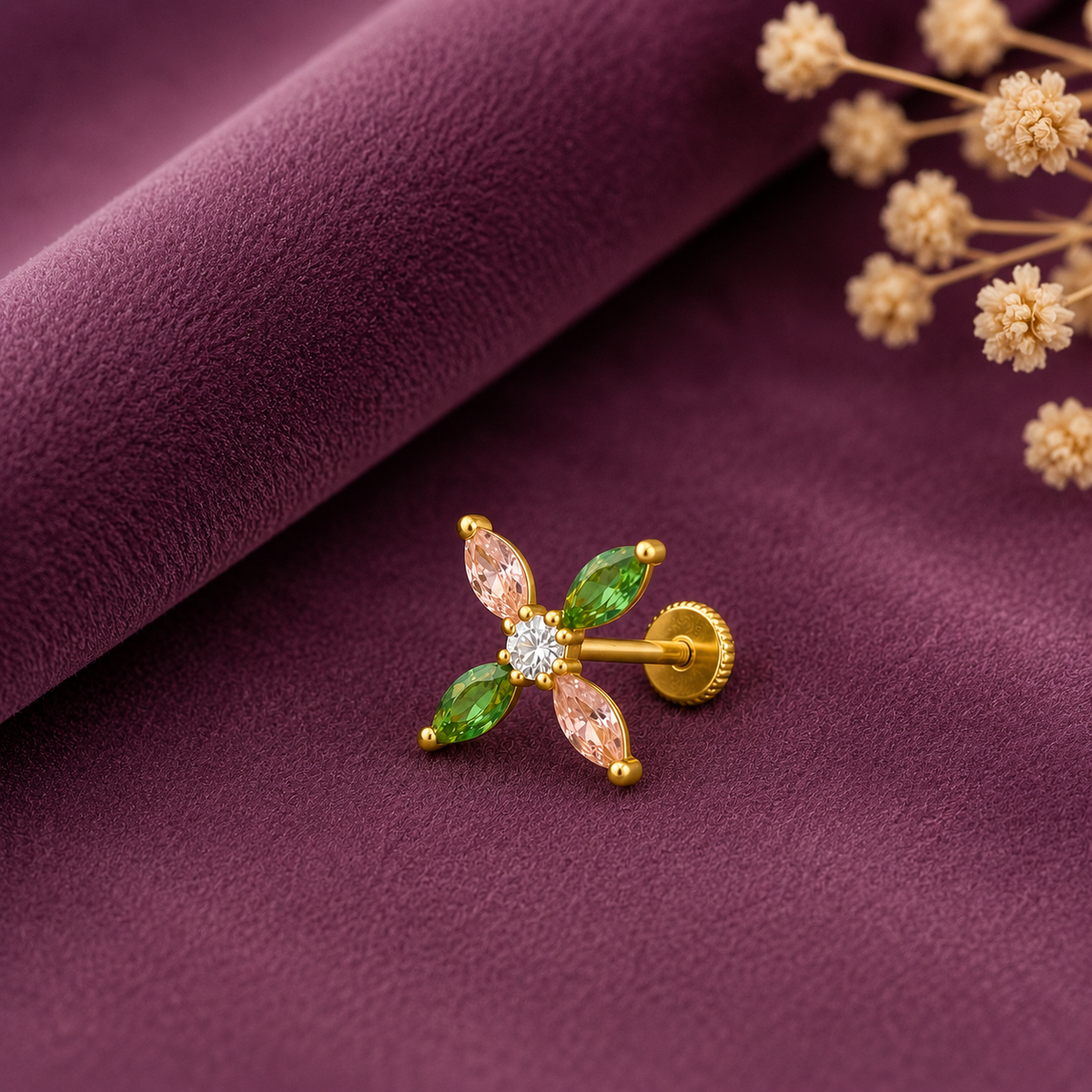 Multicolor CZ Floral Design Nose Pin - Sterling Silver Gold Plated