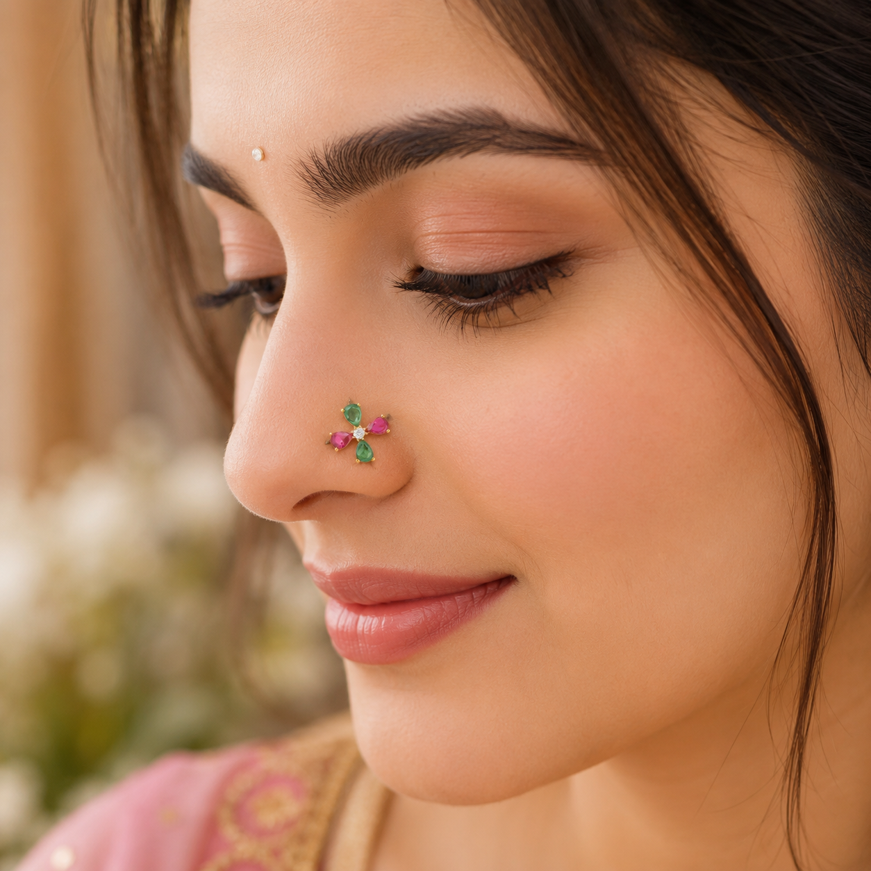 Red & Green CZ Floral Design Nose Pin - Sterling Silver Gold Plated