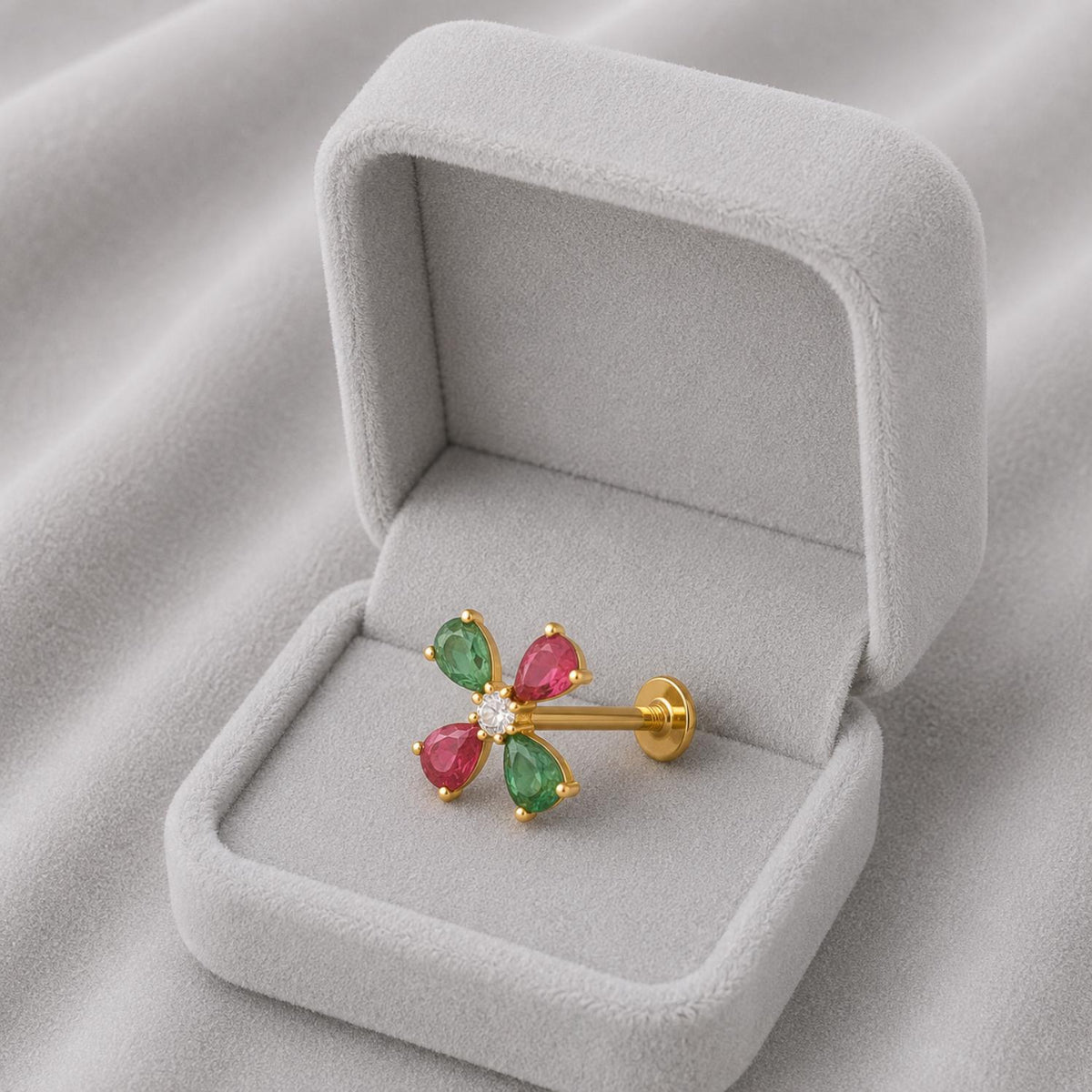 Red & Green CZ Floral Design Nose Pin - Sterling Silver Gold Plated