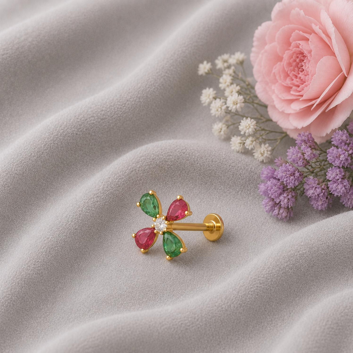 Red & Green CZ Floral Design Nose Pin - Sterling Silver Gold Plated