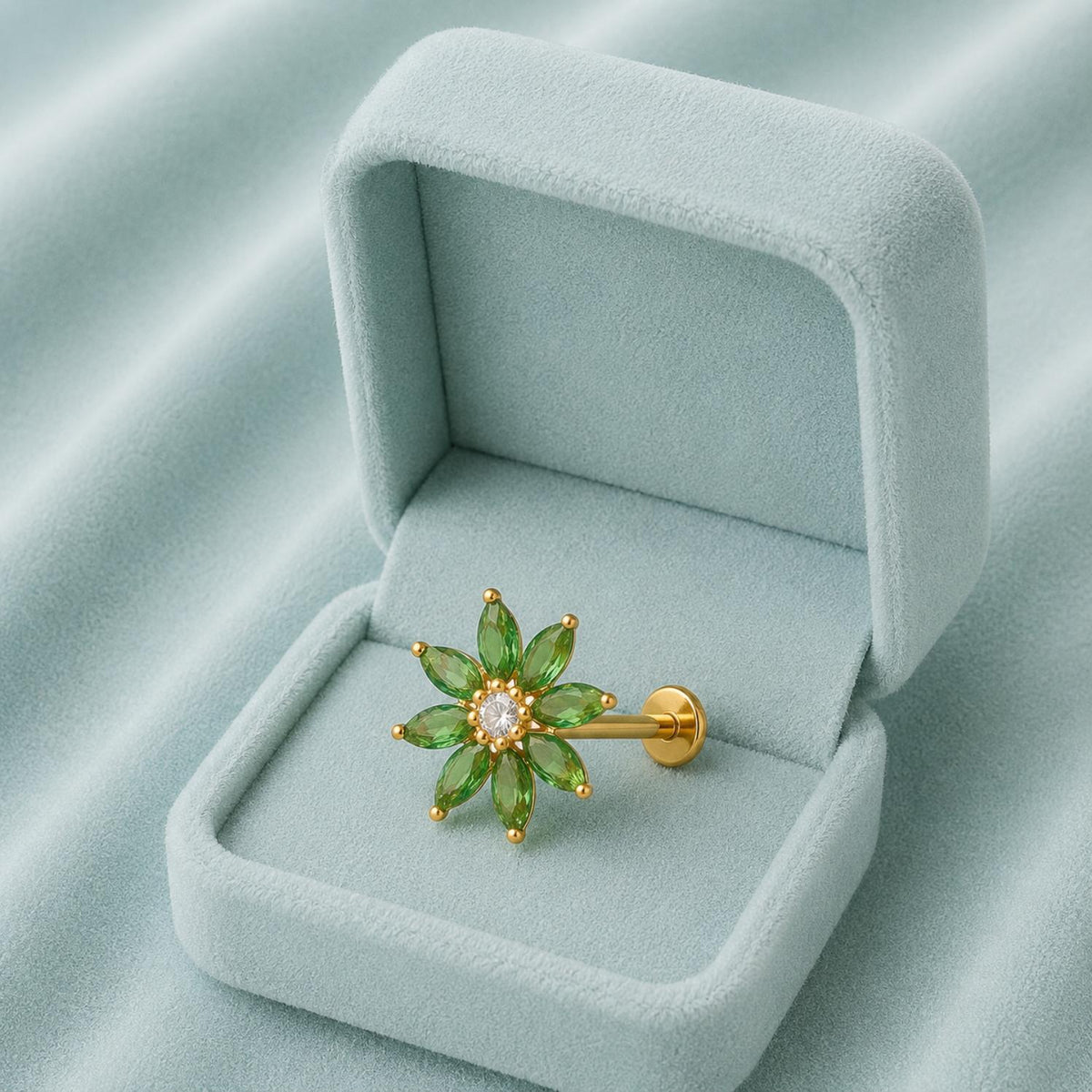 Green CZ Daisy Floral Design Nose Pin - Sterling Silver Gold Plated