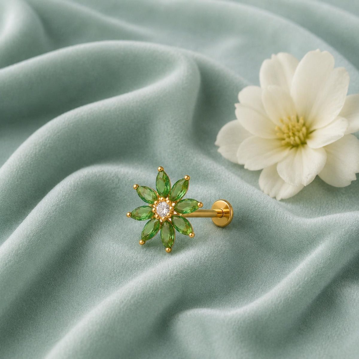 Green CZ Daisy Floral Design Nose Pin - Sterling Silver Gold Plated