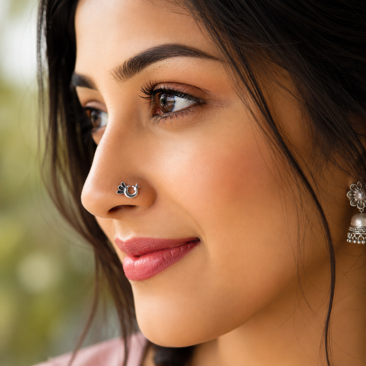 Peacock Design Nose Pin - Sterling Silver Oxidized Plated