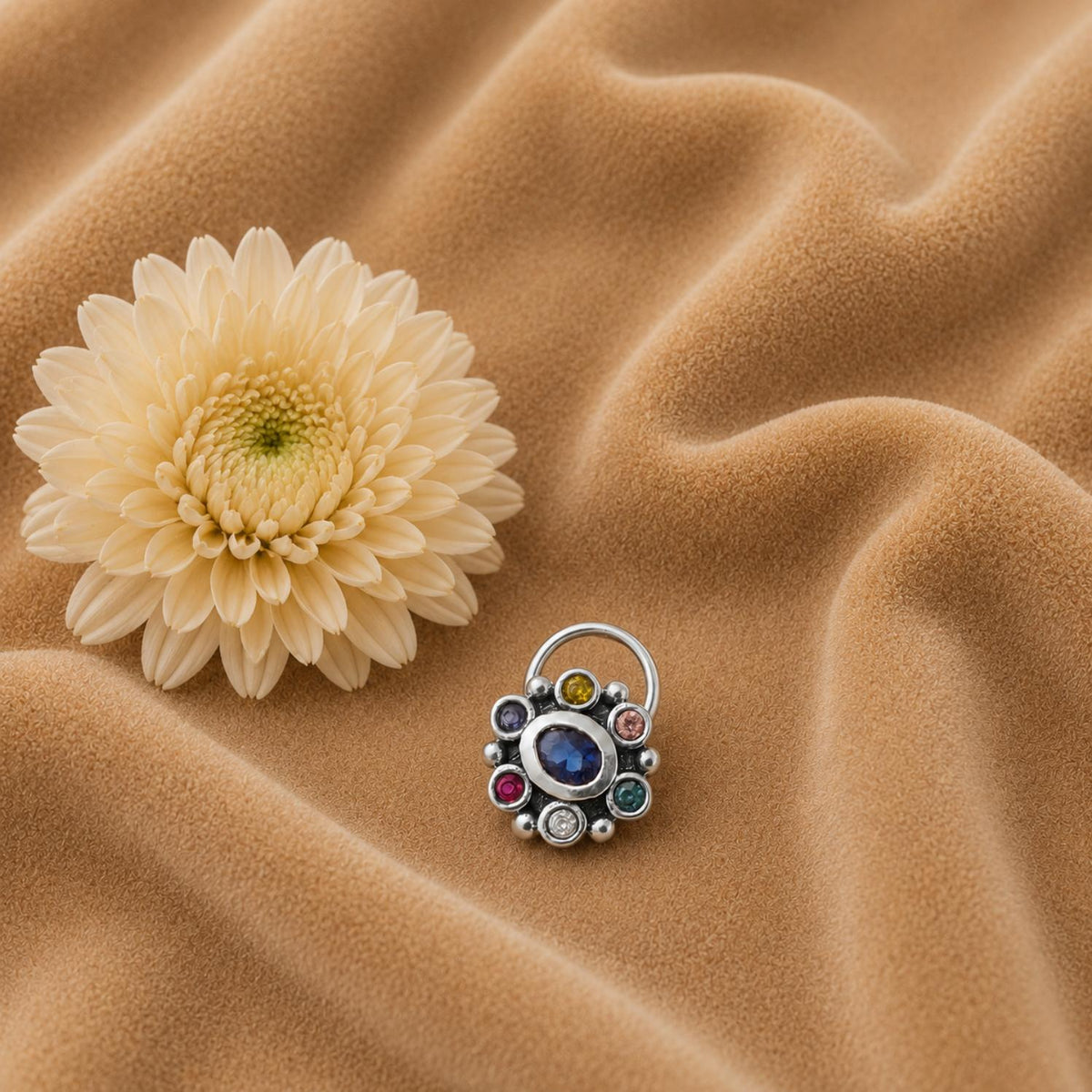 Navratna Oval Blue Nose Pin - Sterling Silver
