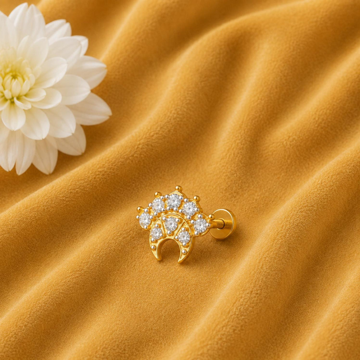 White CZ Crescent Crown Nose Pin - Sterling Silver Gold Plated