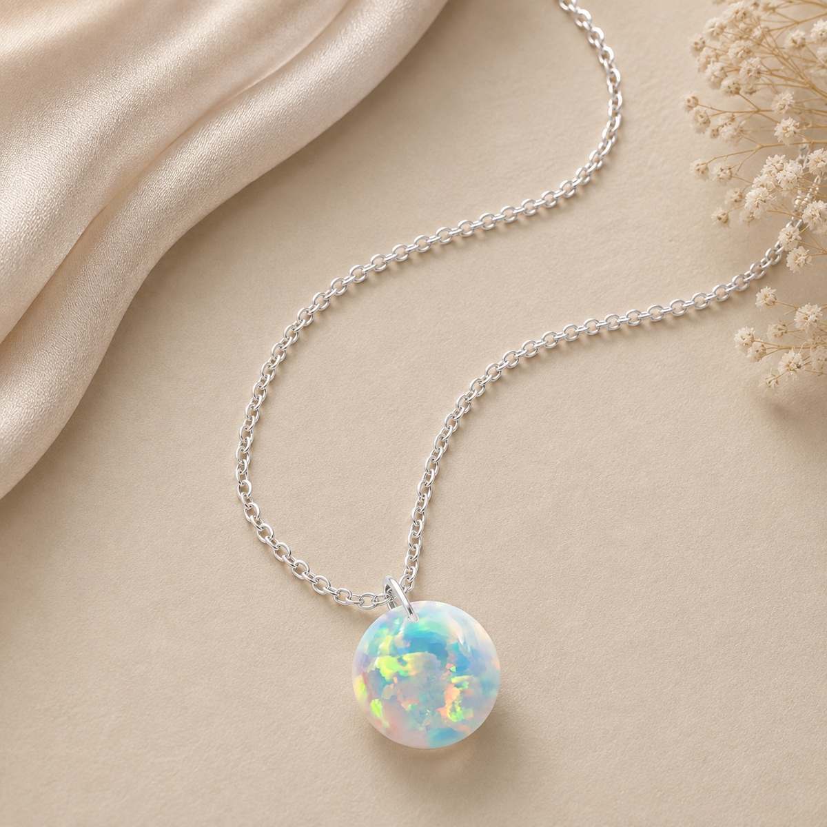 Round Opal Solitaire Necklace - 925 sterling Silver
