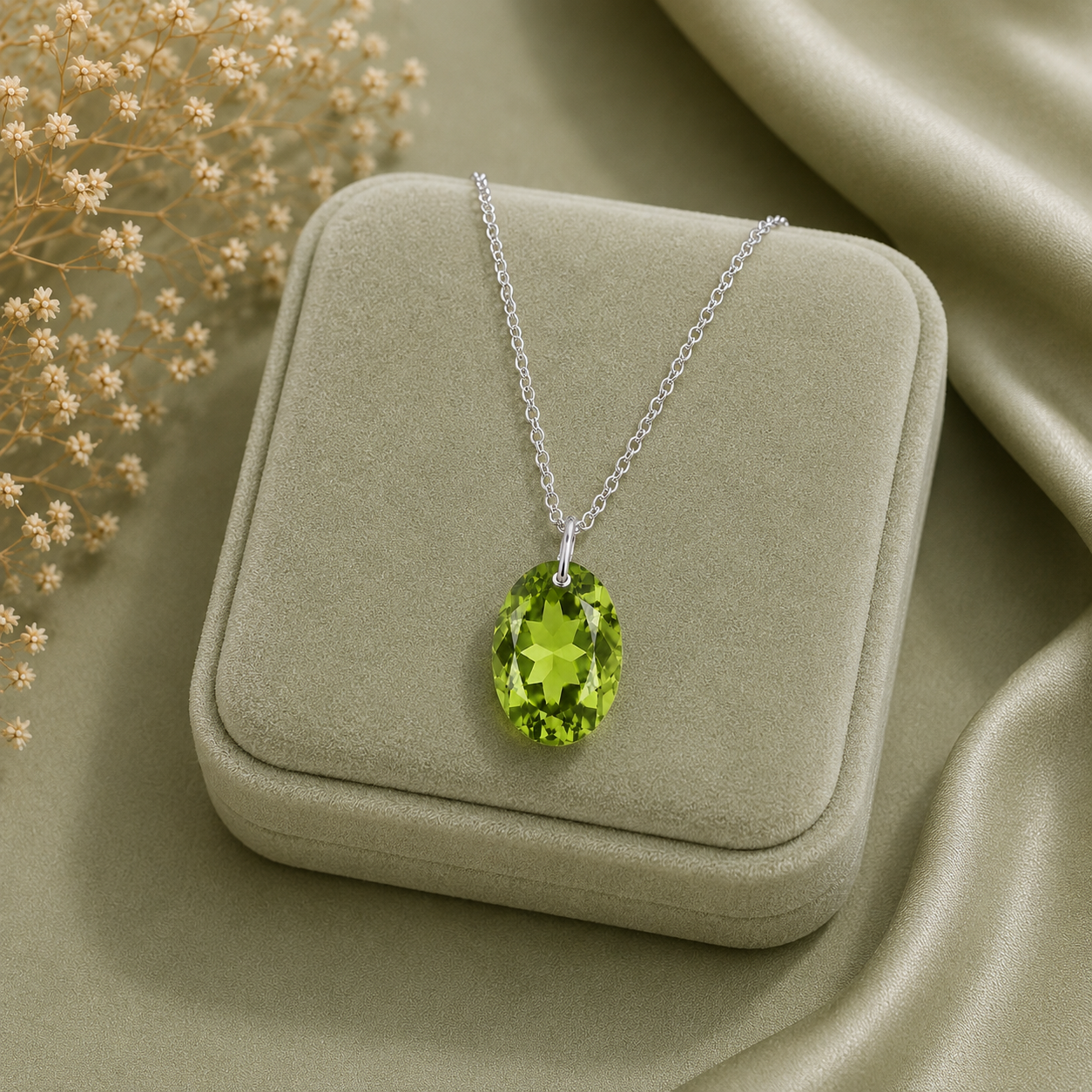 Oval Peridot Solitaire Necklace - 925 sterling Silver