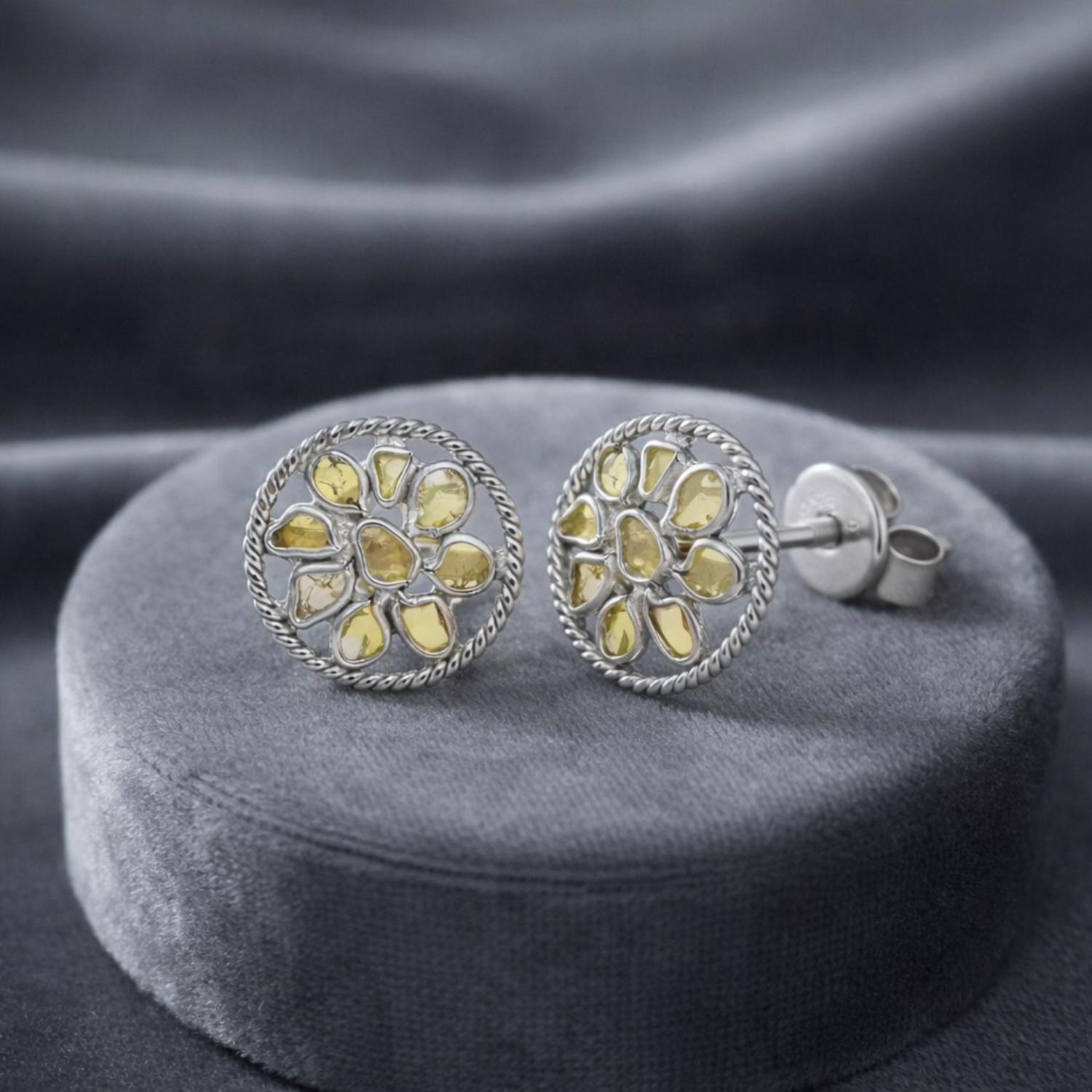 Yellow Polki Diamond Floral Stud Earrings - 925 Sterling Silver