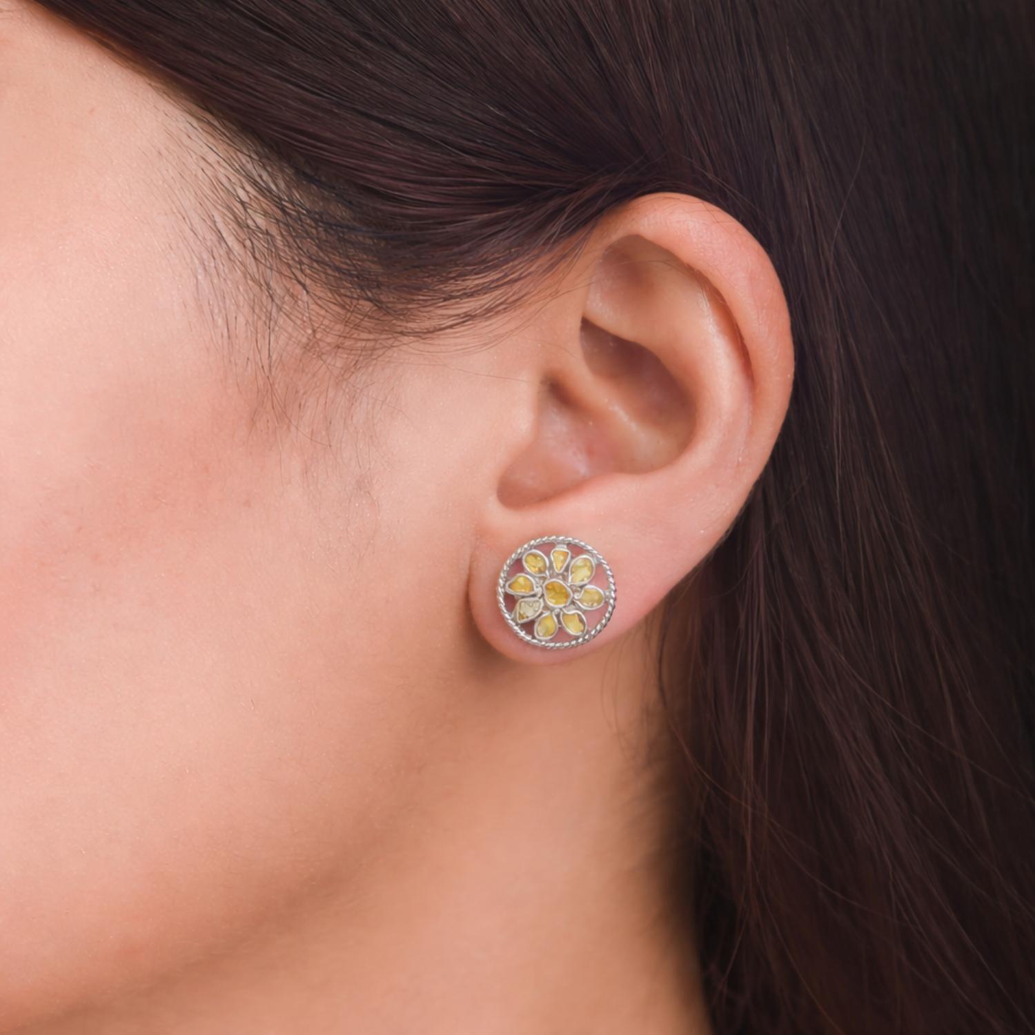 Yellow Polki Diamond Floral Stud Earrings - 925 Sterling Silver