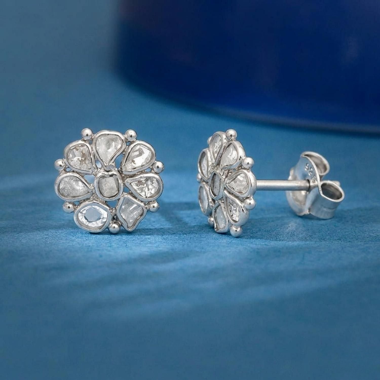 0.50 Ct Unshaped Polki Diamond Floral Stud Earrings - 925 Sterling Silver