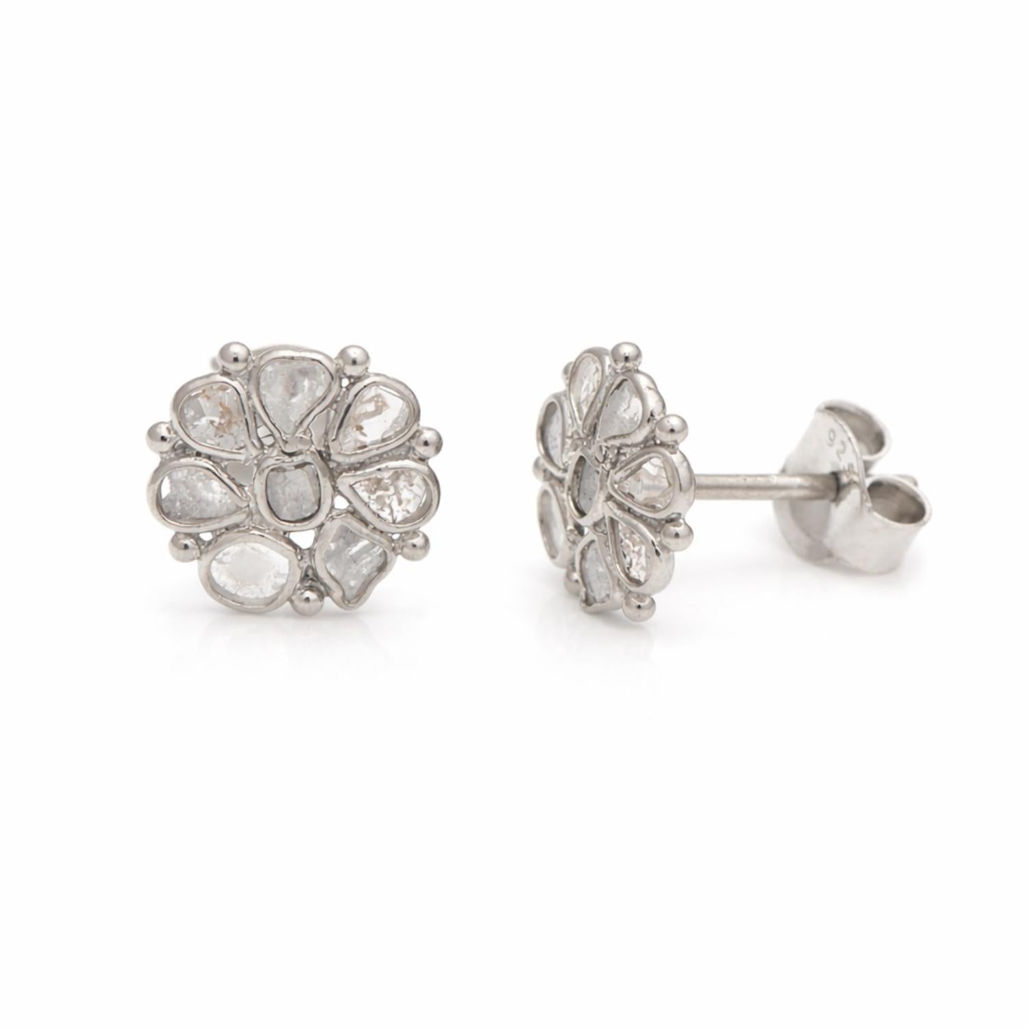 0.50 Ct Unshaped Polki Diamond Floral Stud Earrings - 925 Sterling Silver