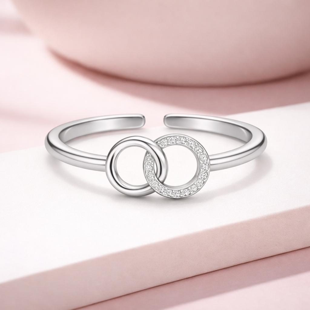 Interlocking Circle Adjustable Open Ring – Sterling Silver
