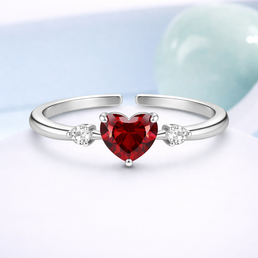 Heart Cut Red CZ Three-Stone Adjustable Ring – Sterling Silver