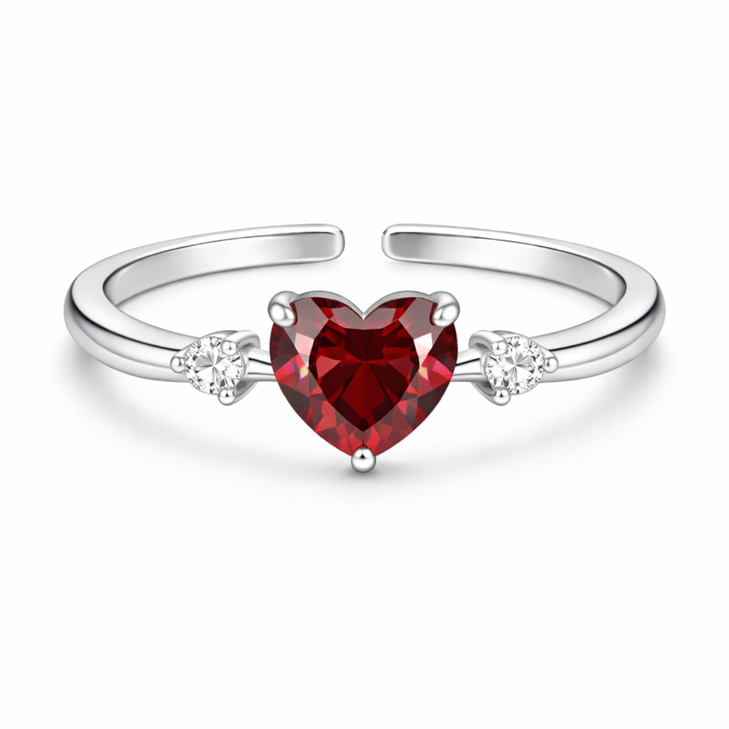 Heart Cut Red CZ Three-Stone Adjustable Ring – Sterling Silver