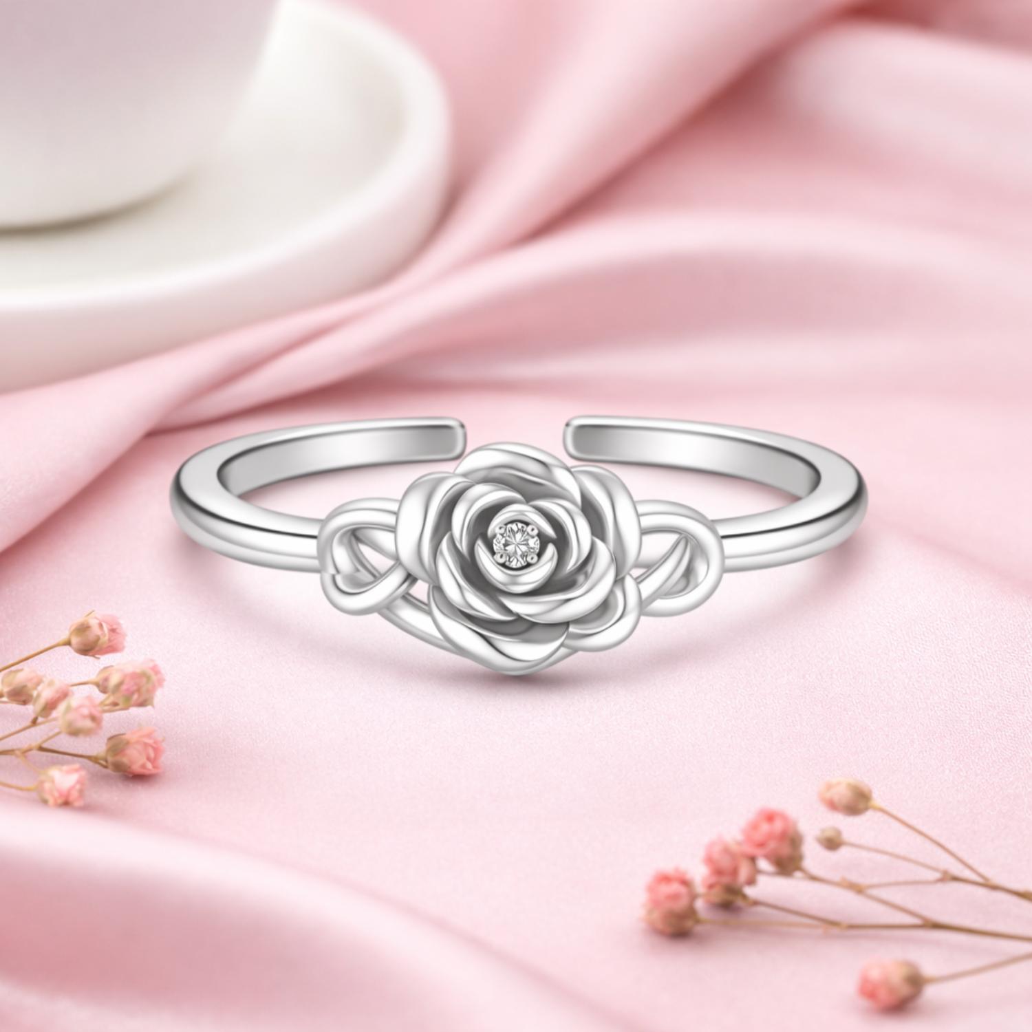 Rose Flower Floral Knot Adjustable Open Ring – Sterling Silver