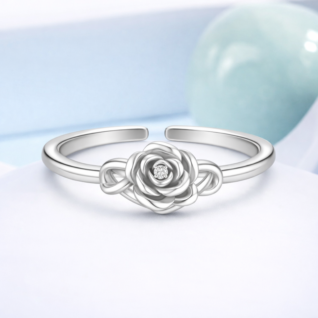 Rose Flower Floral Knot Adjustable Open Ring – Sterling Silver