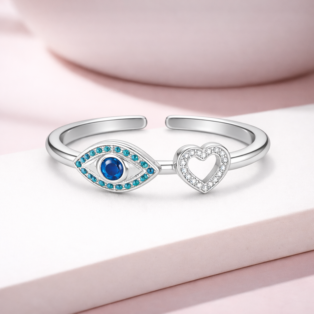 Evil Eye & Heart Open Adjustable Ring – Sterling Silver