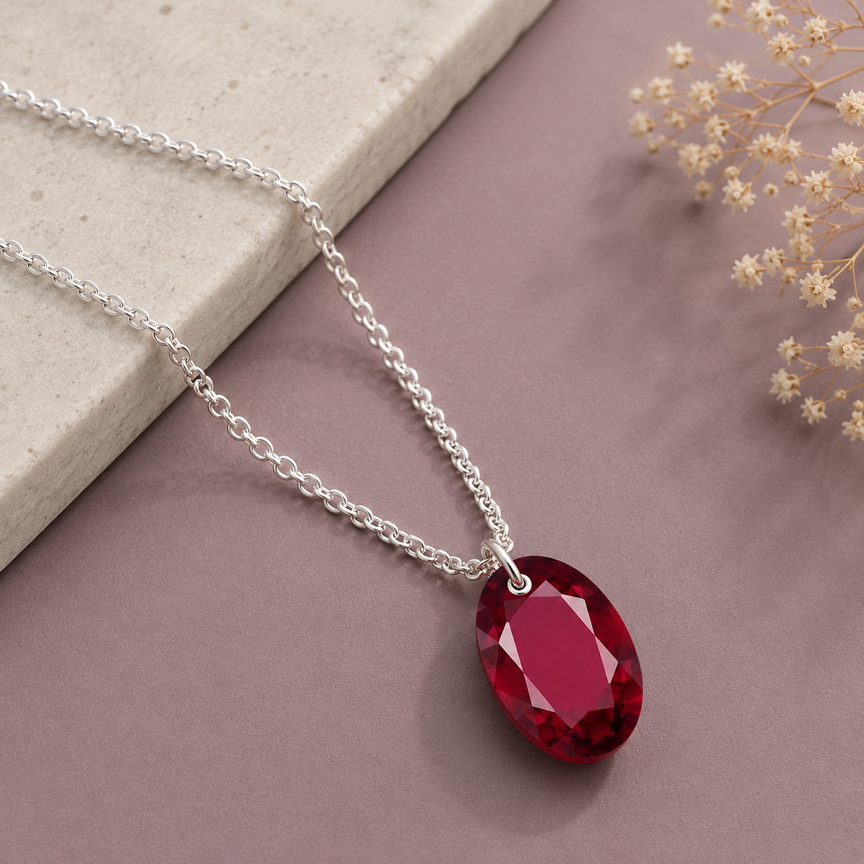Oval Ruby Glass Filled Solitaire Necklace - 925 sterling Silver