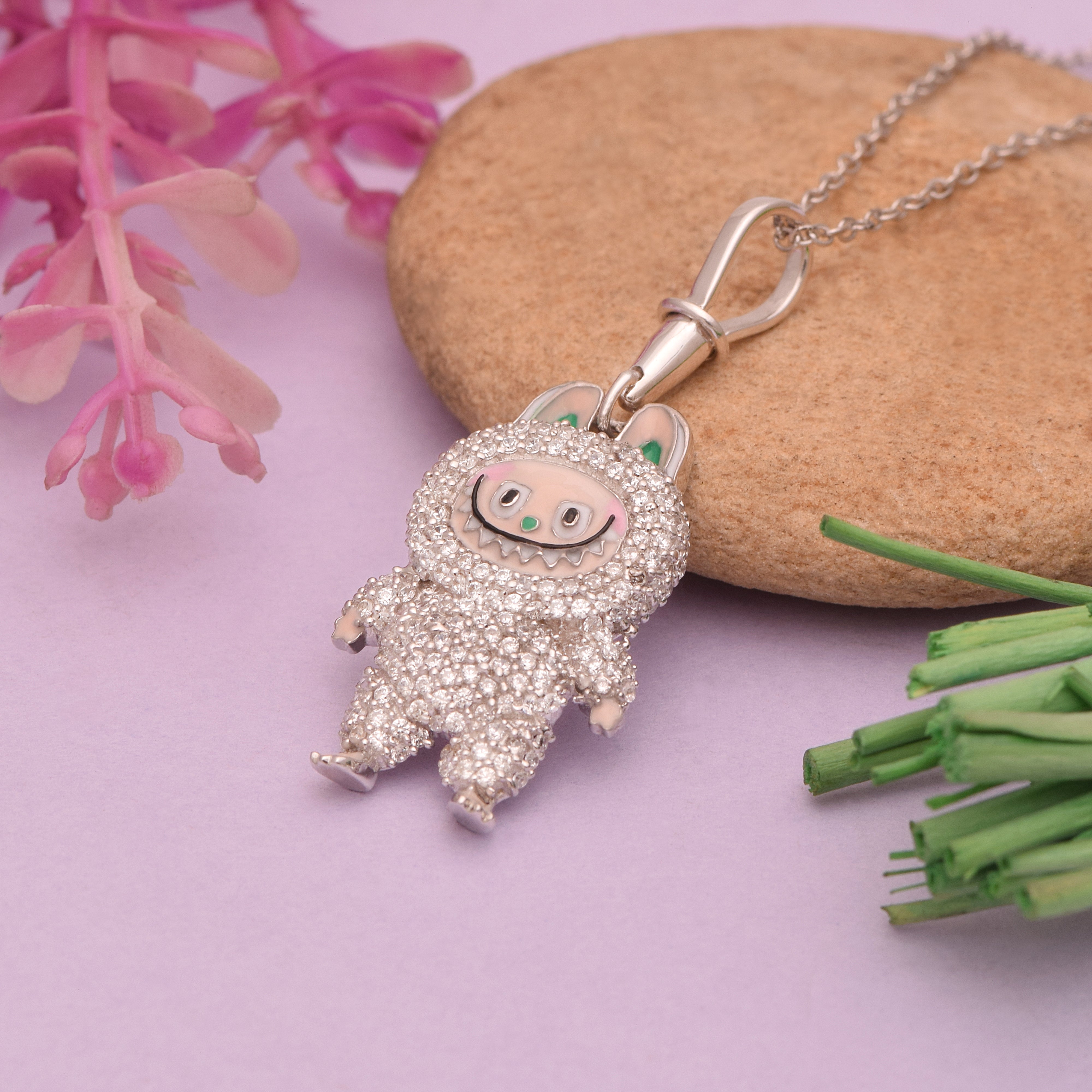 White CZ Labubu Doll Pendant Necklace - Sterling Silver