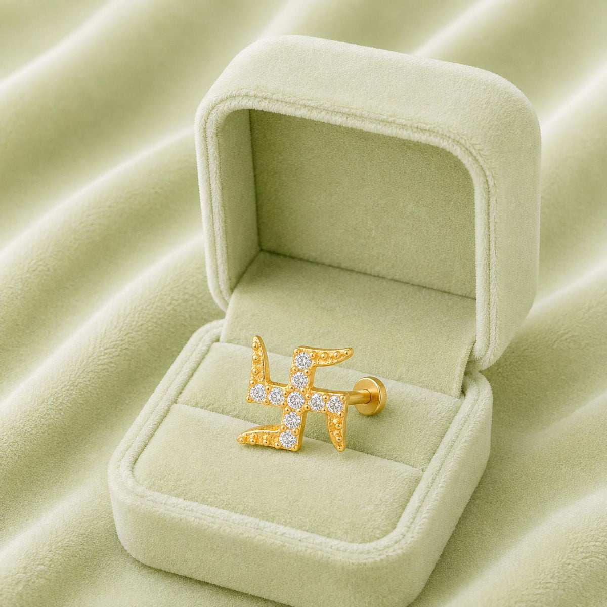 White CZ Swastik Symbol Nose Pin - Sterling Silver Gold Plated
