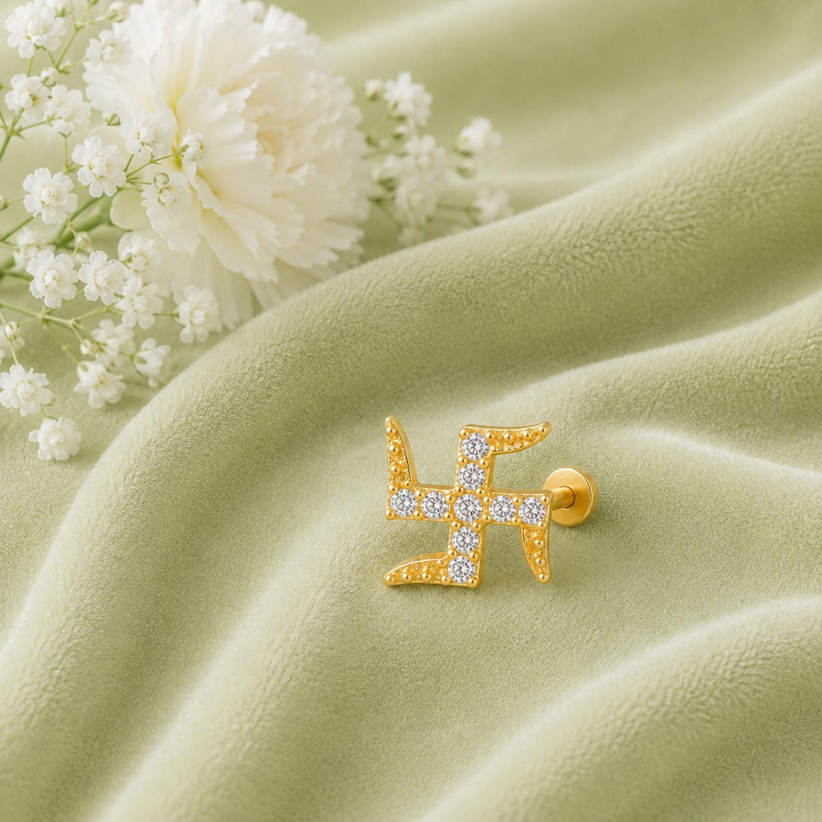 White CZ Swastik Symbol Nose Pin - Sterling Silver Gold Plated