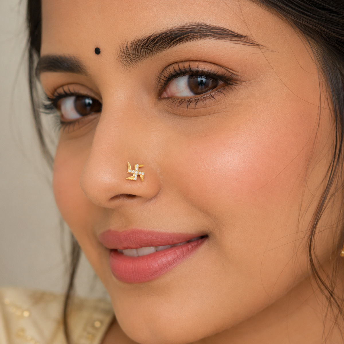 White CZ Swastik Symbol Nose Pin - Sterling Silver Gold Plated