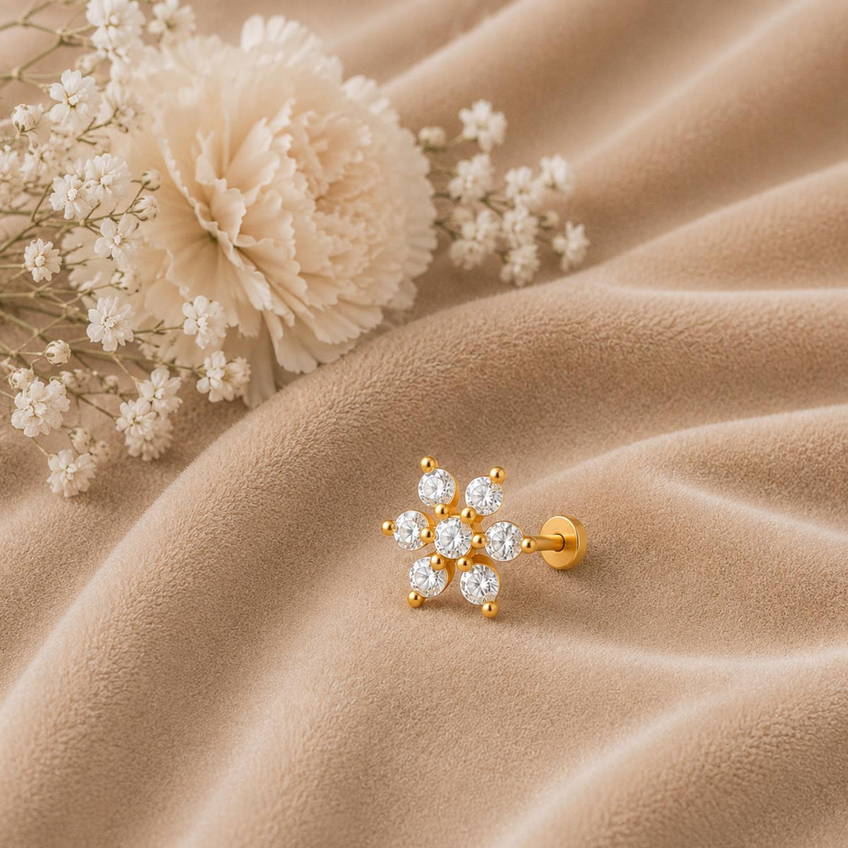 White CZ Floral Cluster Nose Pin - Sterling Silver Gold Plated