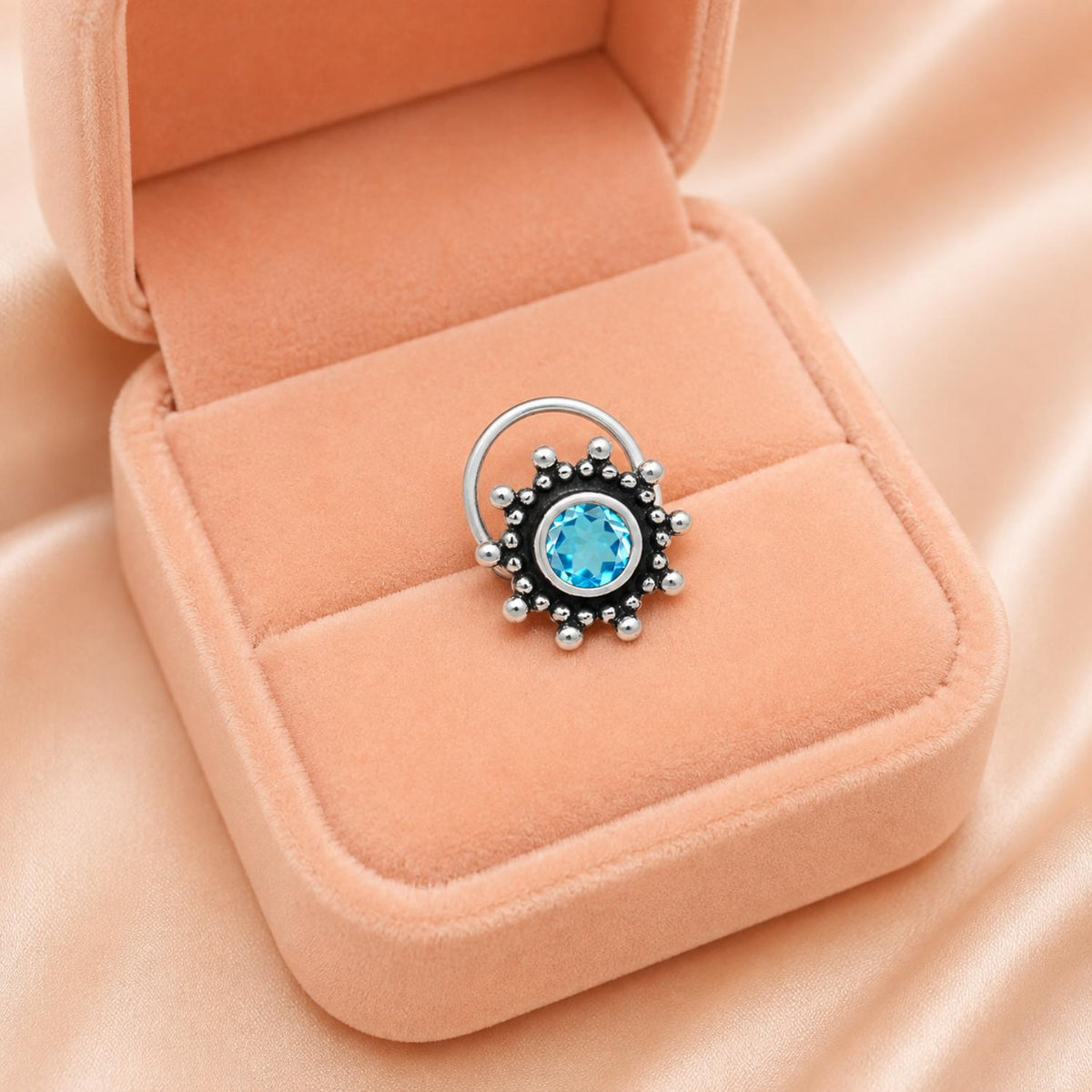 Blue Gemstone Oxidized Floral Design Nose Pin - Sterling Silver