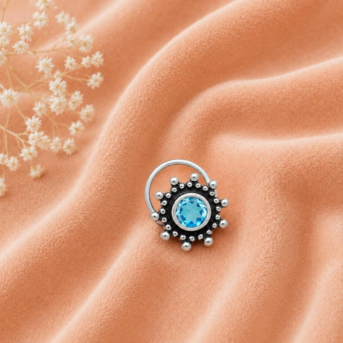 Blue Gemstone Oxidized Floral Design Nose Pin - Sterling Silver