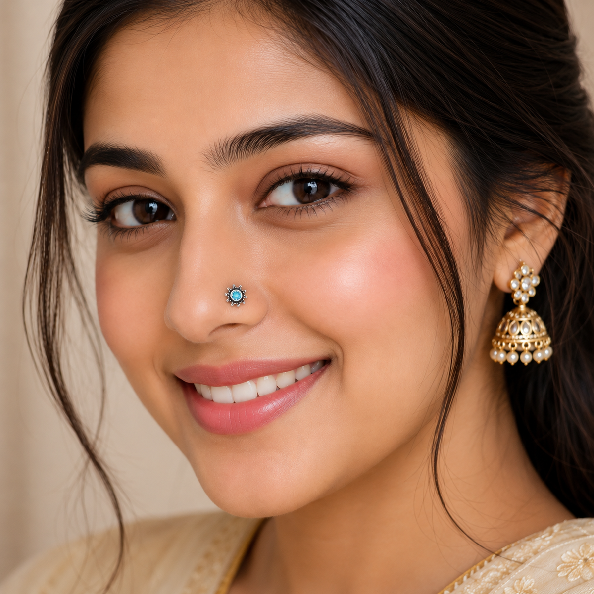 Blue Gemstone Oxidized Floral Design Nose Pin - Sterling Silver