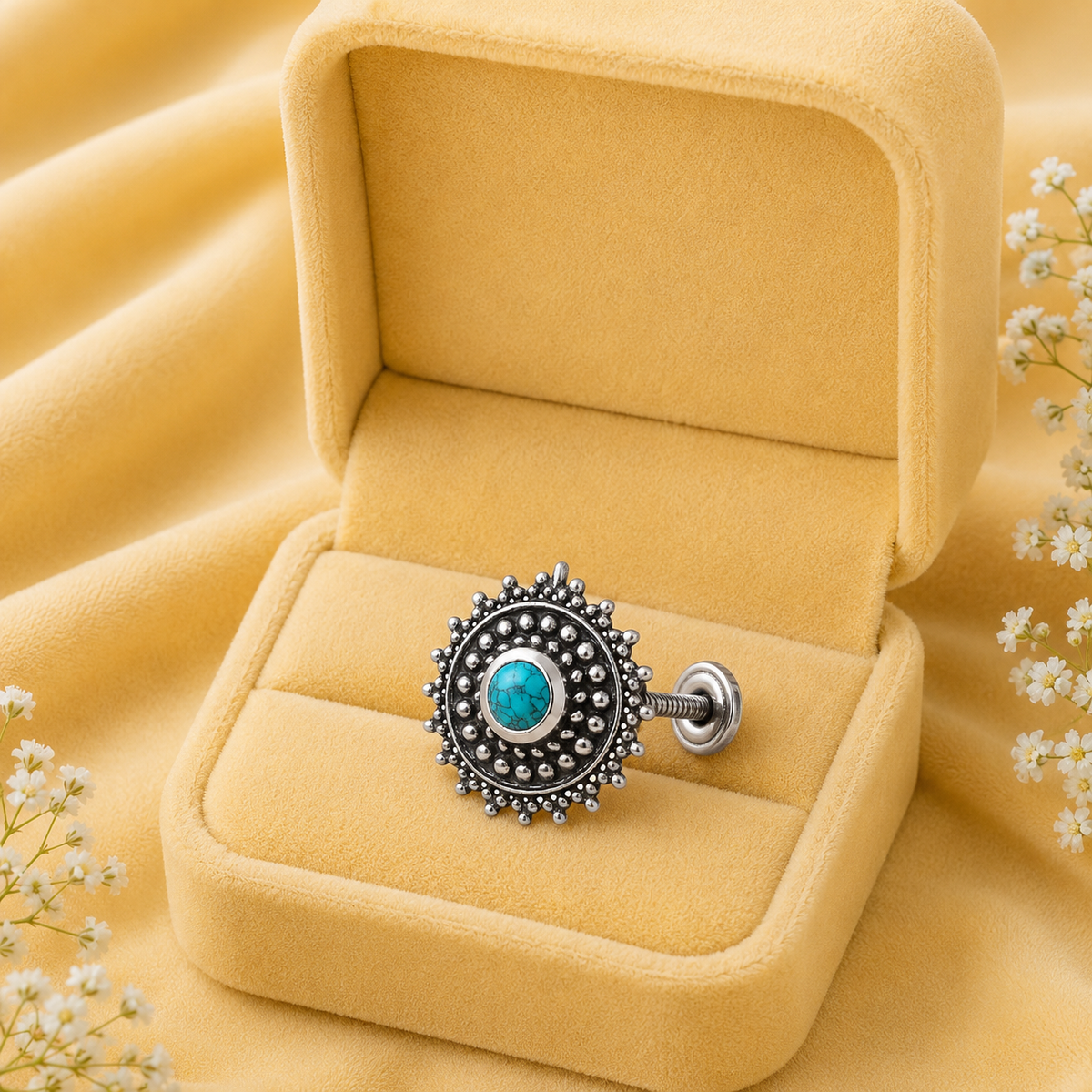 Blue Turquoise Round Sunburst Design Nose Pin - Sterling Silver