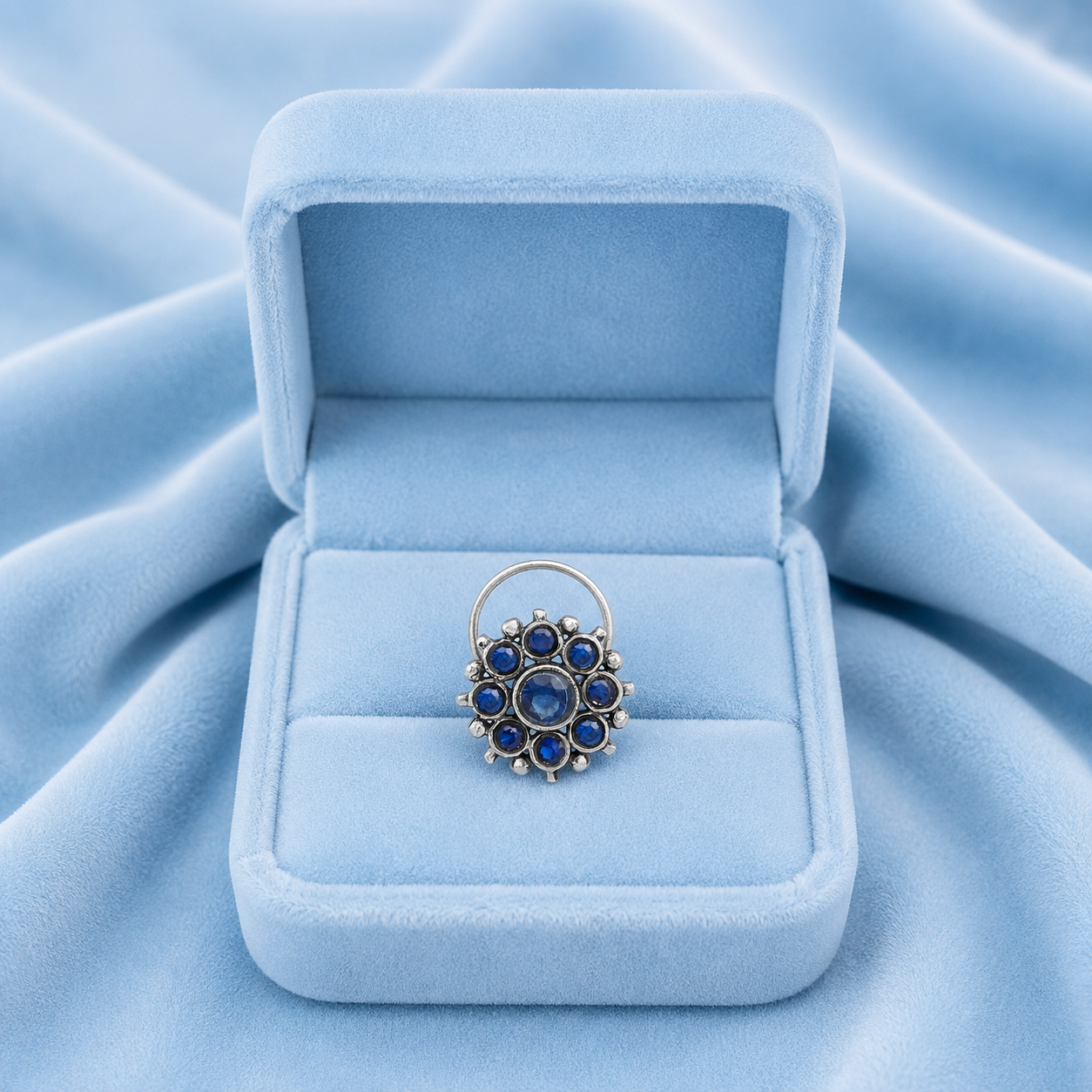 Floral Cluster Blue Sapphire Nose Pin - Sterling Silver