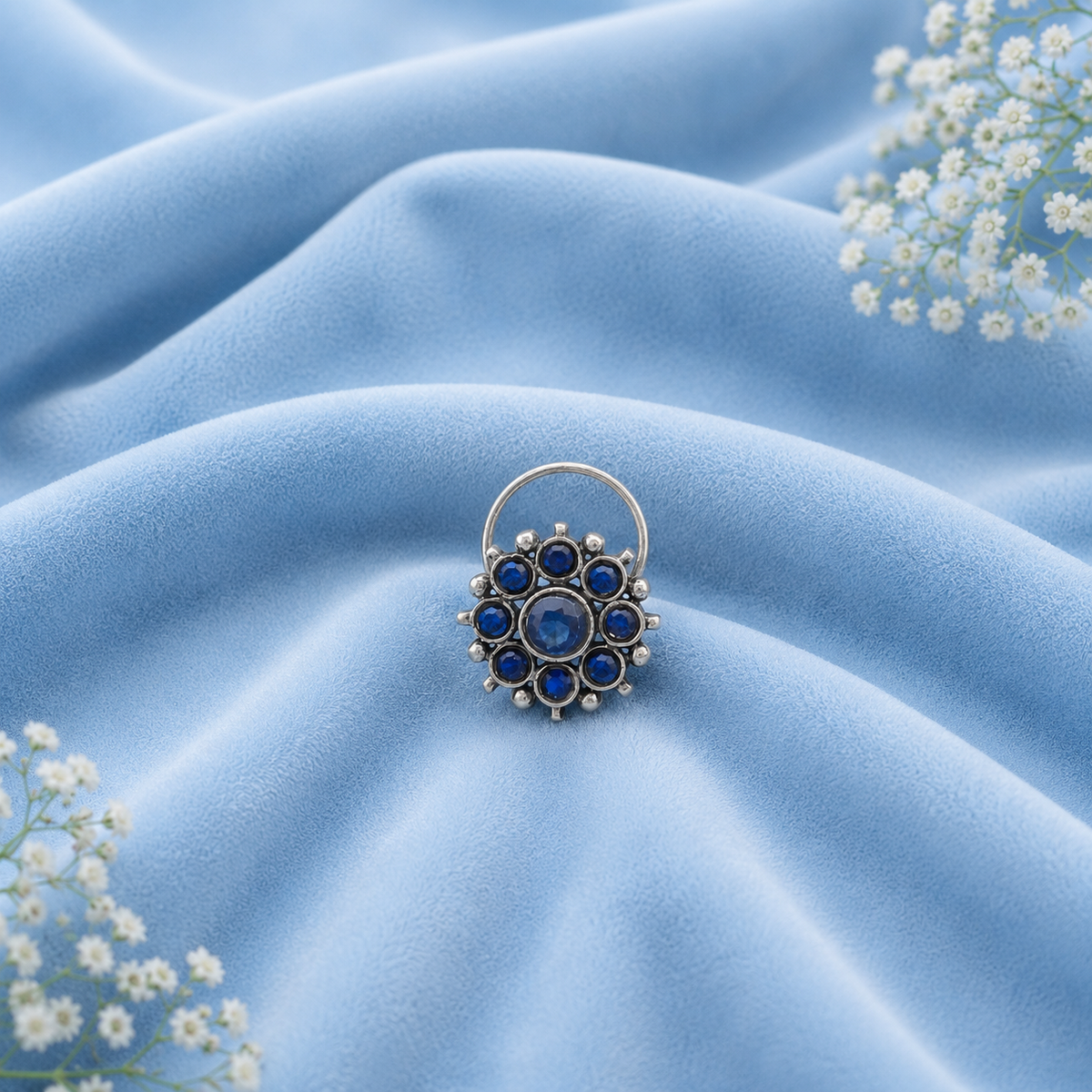 Floral Cluster Blue Sapphire Nose Pin - Sterling Silver