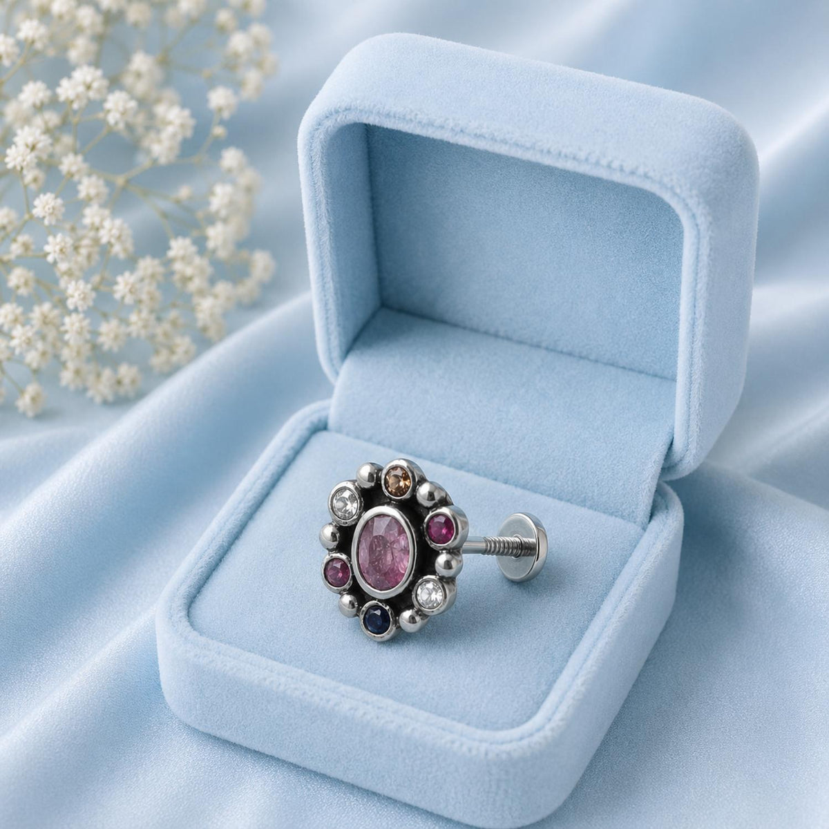 Navratna Oval Pink Nose Pin - Sterling Silver