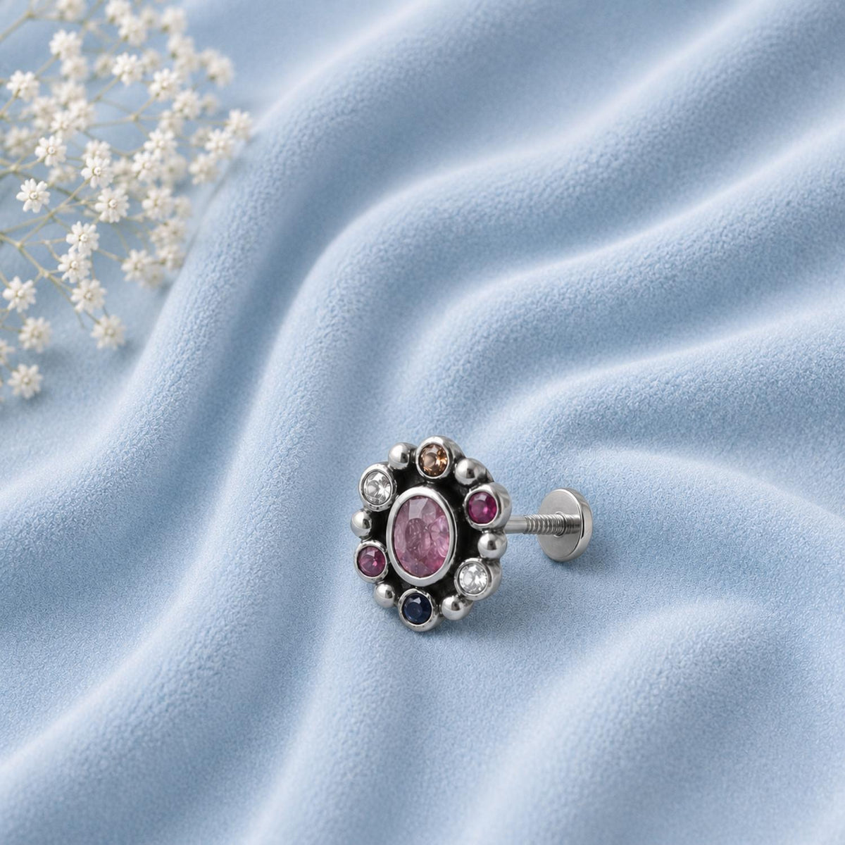 Navratna Oval Pink Nose Pin - Sterling Silver