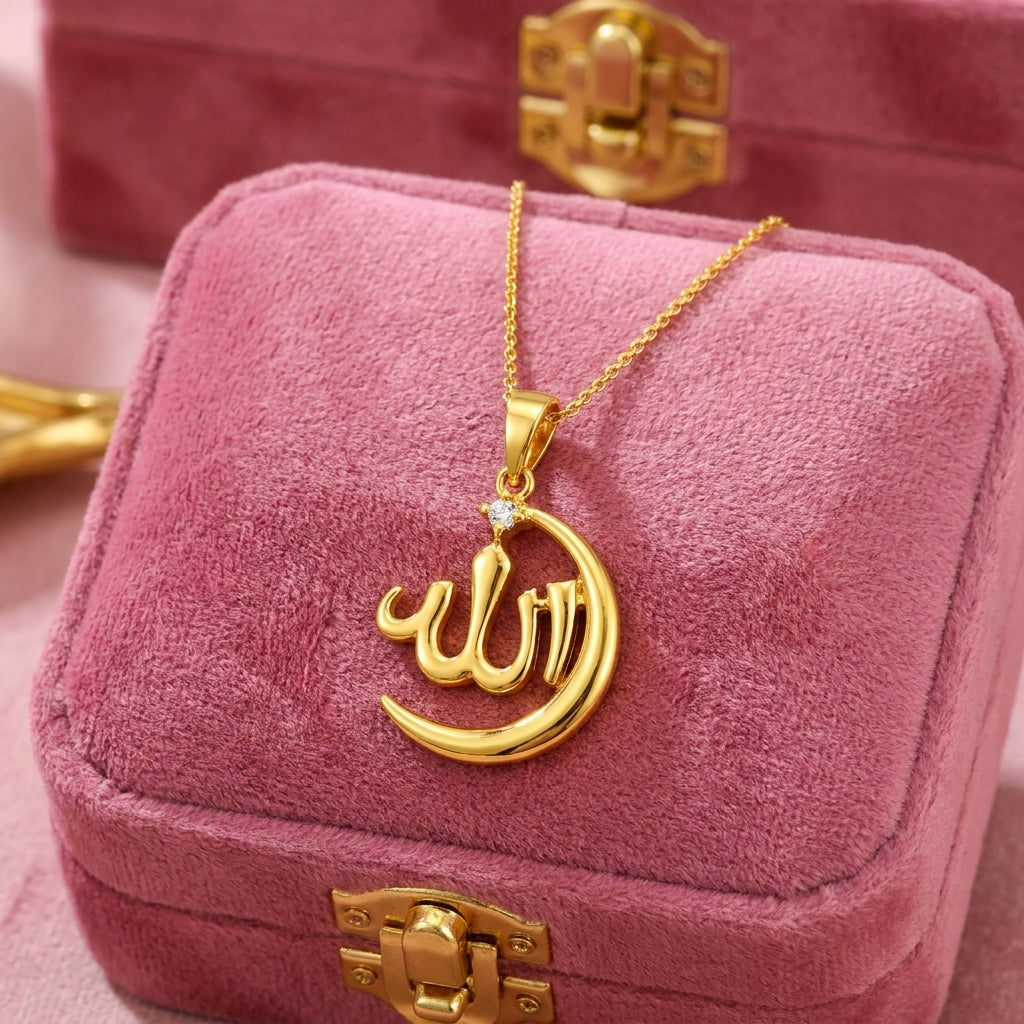 White CZ Allah Crescent Pendant - Sterling Silver