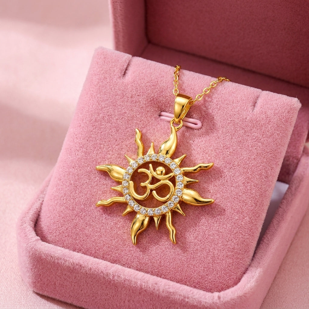 White CZ Sun Om Pendant Radiant Spiritual Charm - Sterling Silver